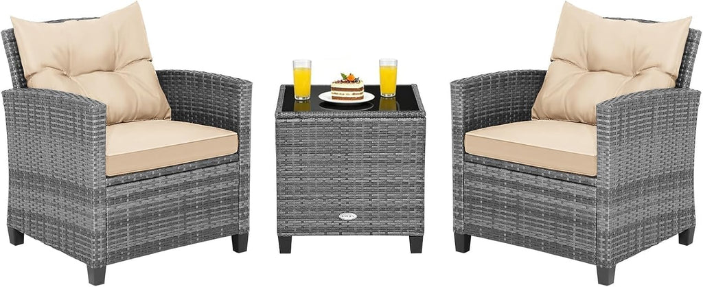COSTWAY 3PCS Patio Furniture Set, PE Rattan Wicker Sofa w/Washable Cushion and Coffee Table, Tempered Glass Tabletop, Outdoor Conversation Set for Balcony, Porch, Yard, Backyard, Lawn (Beige)