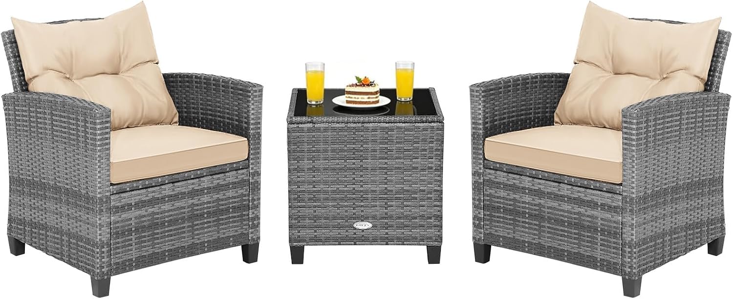 COSTWAY 3PCS Patio Furniture Set, PE Rattan Wicker Sofa w/Washable Cushion and Coffee Table, Tempered Glass Tabletop, Outdoor Conversation Set for Balcony, Porch, Yard, Backyard, Lawn (Beige)
