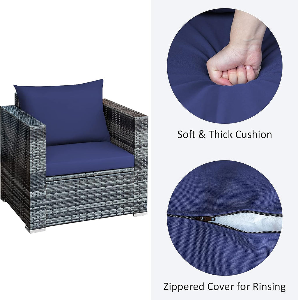 Tangkula 3 Pieces Patio Furniture Set, PE Rattan Wicker Sofa Set w/Washable Cushion and Tempered Glass Tabletop, Outdoor Conversation Furniture for Garden Poolside Balcony