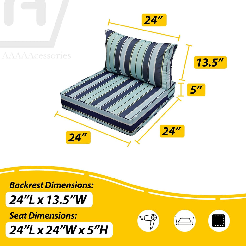AAAAAcessories Outdoor Seat Cushions for Chairs, Fade-Resistant, Waterproof Patio Furniture Replacement Cushions, 24' x 24' x 5' + 24' x 13.5', Set of 4, Ash Teal Seaside Stripe