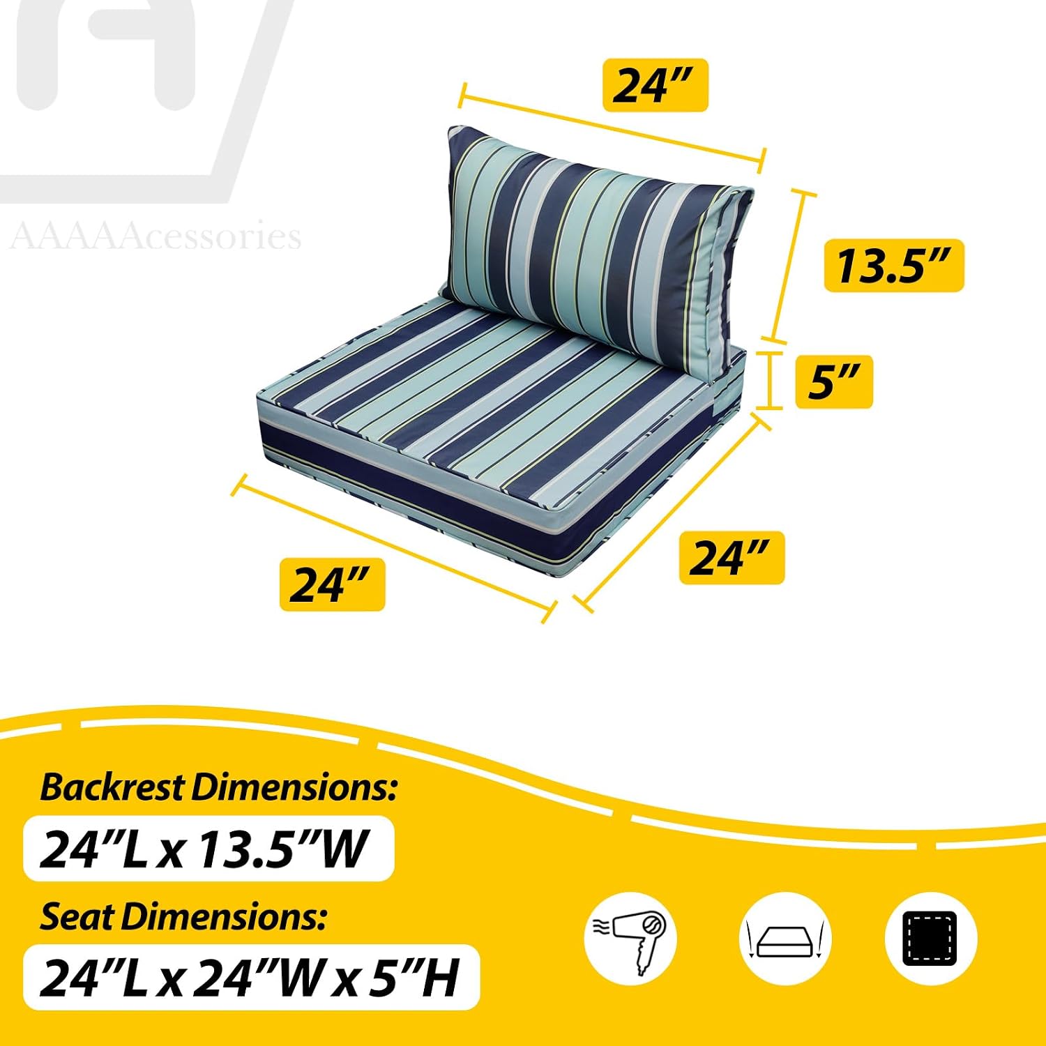 AAAAAcessories Outdoor Seat Cushions for Chairs, Fade-Resistant, Waterproof Patio Furniture Replacement Cushions, 24' x 24' x 5' + 24' x 13.5', Set of 4, Ash Teal Seaside Stripe