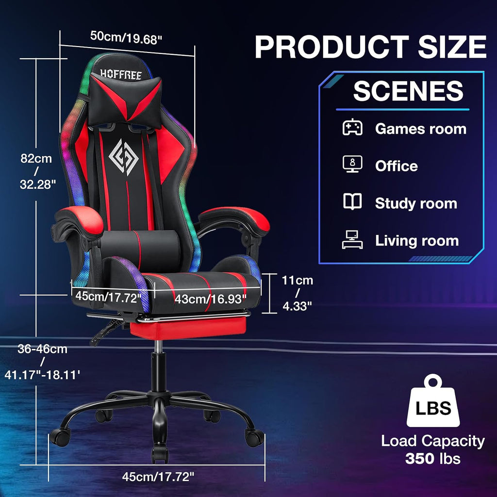 RGB Gaming Chair Massage with LED Lights and Footrest Ergonomic Computer Gaming Chair with High Back Video Game Chair with Adjustable Lumbar Support Red and Black