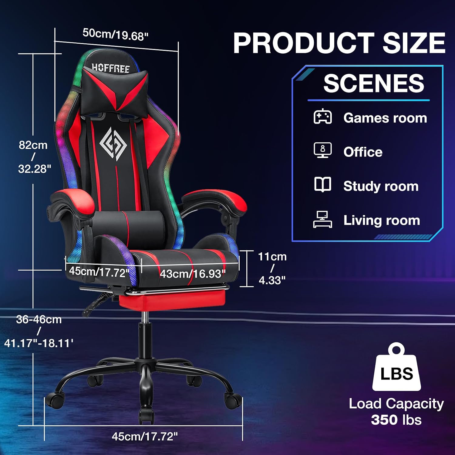 RGB Gaming Chair Massage with LED Lights and Footrest Ergonomic Computer Gaming Chair with High Back Video Game Chair with Adjustable Lumbar Support Red and Black