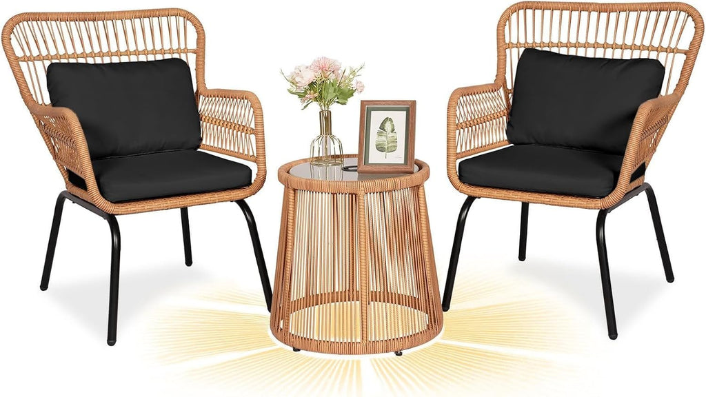3 Piece Outdoor Wicker Furniture Bistro Set, Rattan Chairs Conversation Sets with Solar Light, Wicker Patio Furniture for Balcony Poolside Backyard, Black
