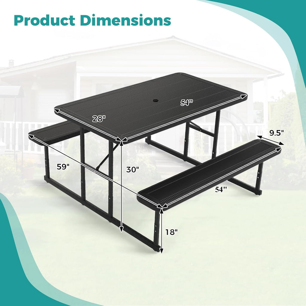 Giantex Picnic Table Bench Set for 4 People, 4.5FT Outdoor Rectangular Dining Table & 2 Benches w/Umbrella Hole, HDPE Tabletop, Metal Frame, Patio Garden Backyard Poolside (4.5FT,Non-Foldable,Black)