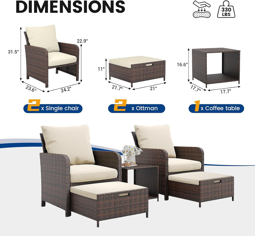 UDPATIO Wicker Patio Furniture Chair with Hiddern Ottoman for Balcony, 5 Piece Patio Conversation Set with Side Table for Front Porch Deck