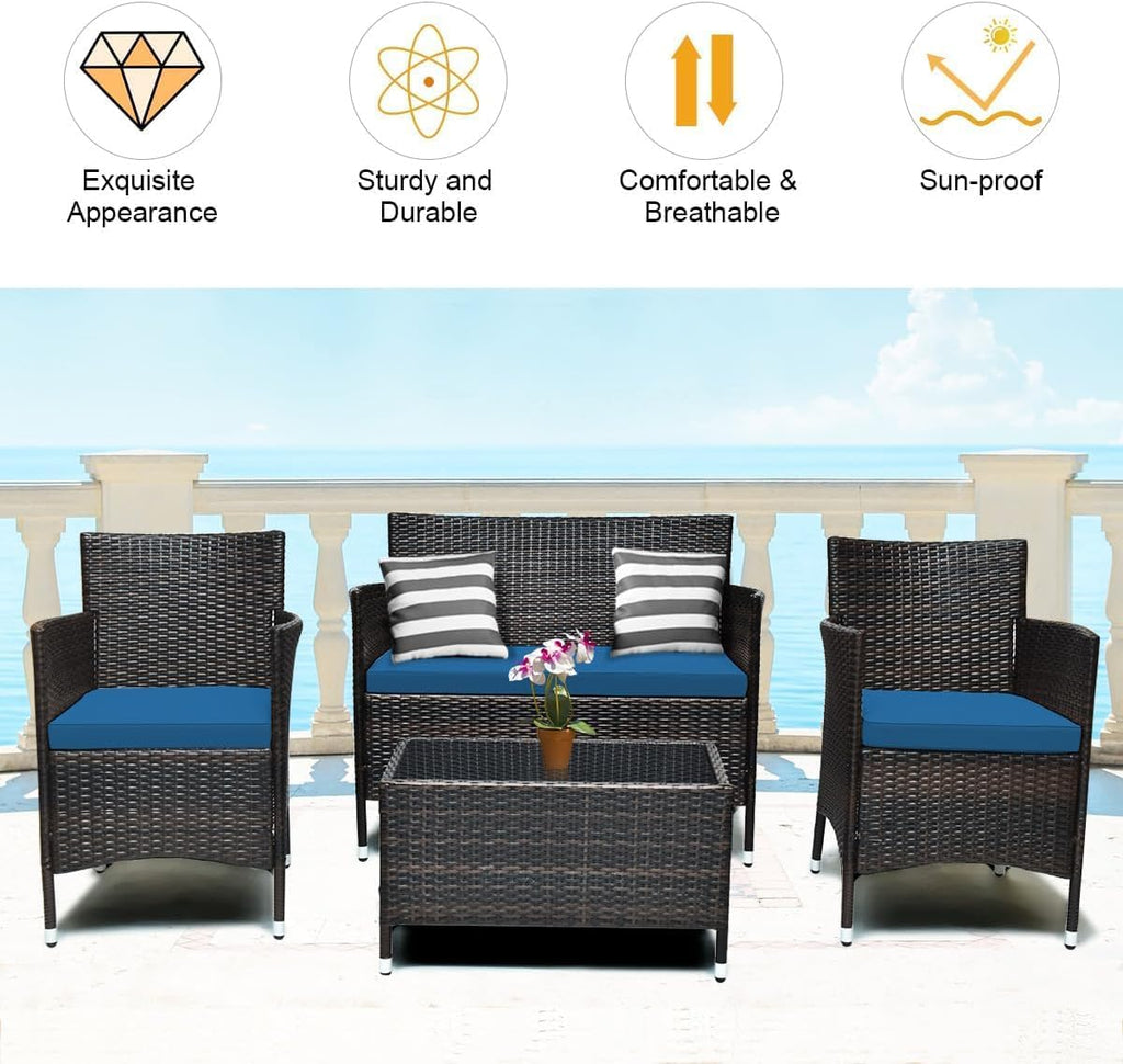 HOMGX 4-Piece Rattan Patio Furniture Set, Sectional Sofa Chair, Wicker Set with Tempered Glass Coffee Table & Thick Cushions, Perfect for Garden, Lawn, Poolside, Backyard (Peacock Blue)