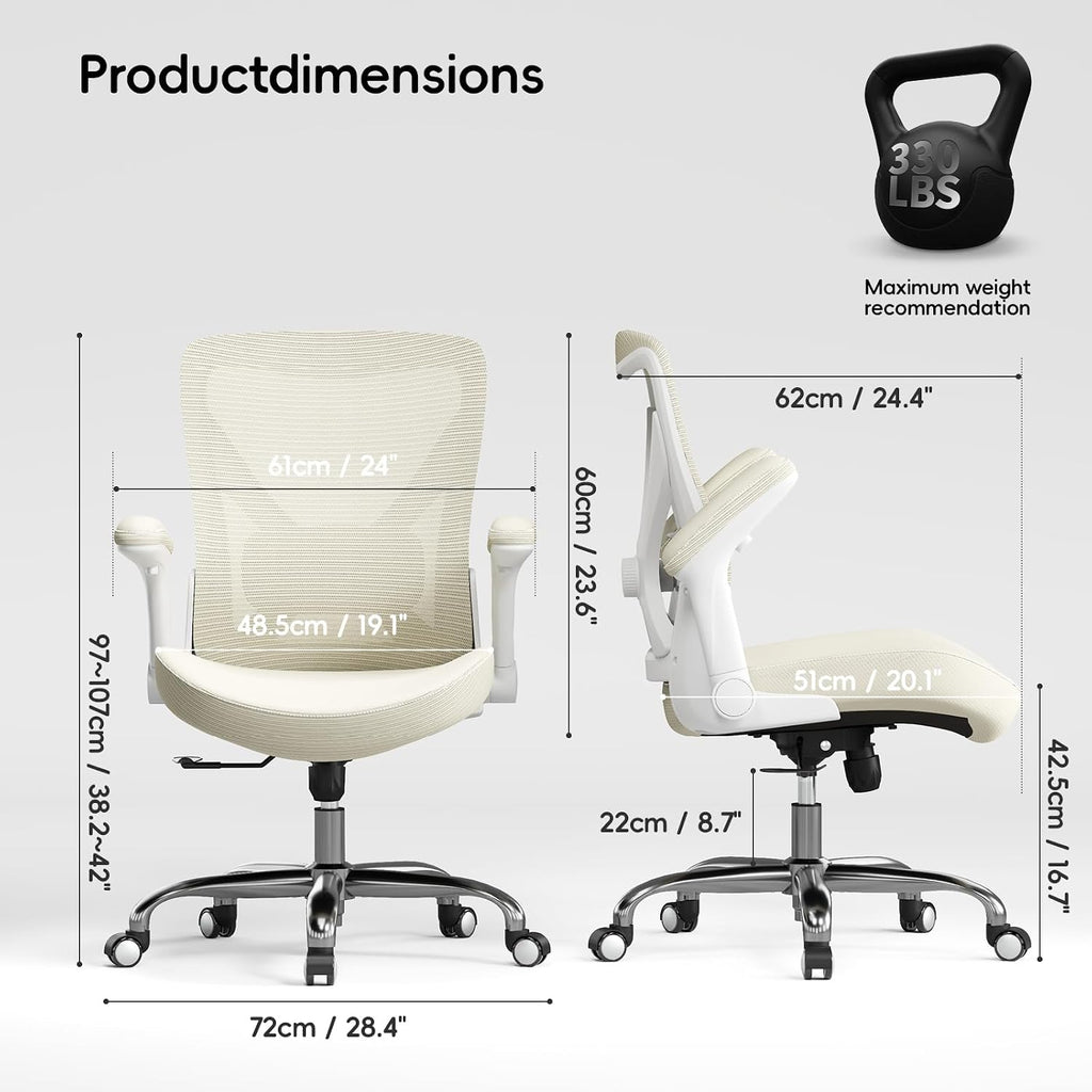Ergalithic Office Home Ergonomic Desk Chair-Computer X-Shaped Chair Mesh PU Leather with Adjustable Lumbar Support-Executive Chair High Back Flip-Up Arms for Long Hours (Beige-No Headrest)