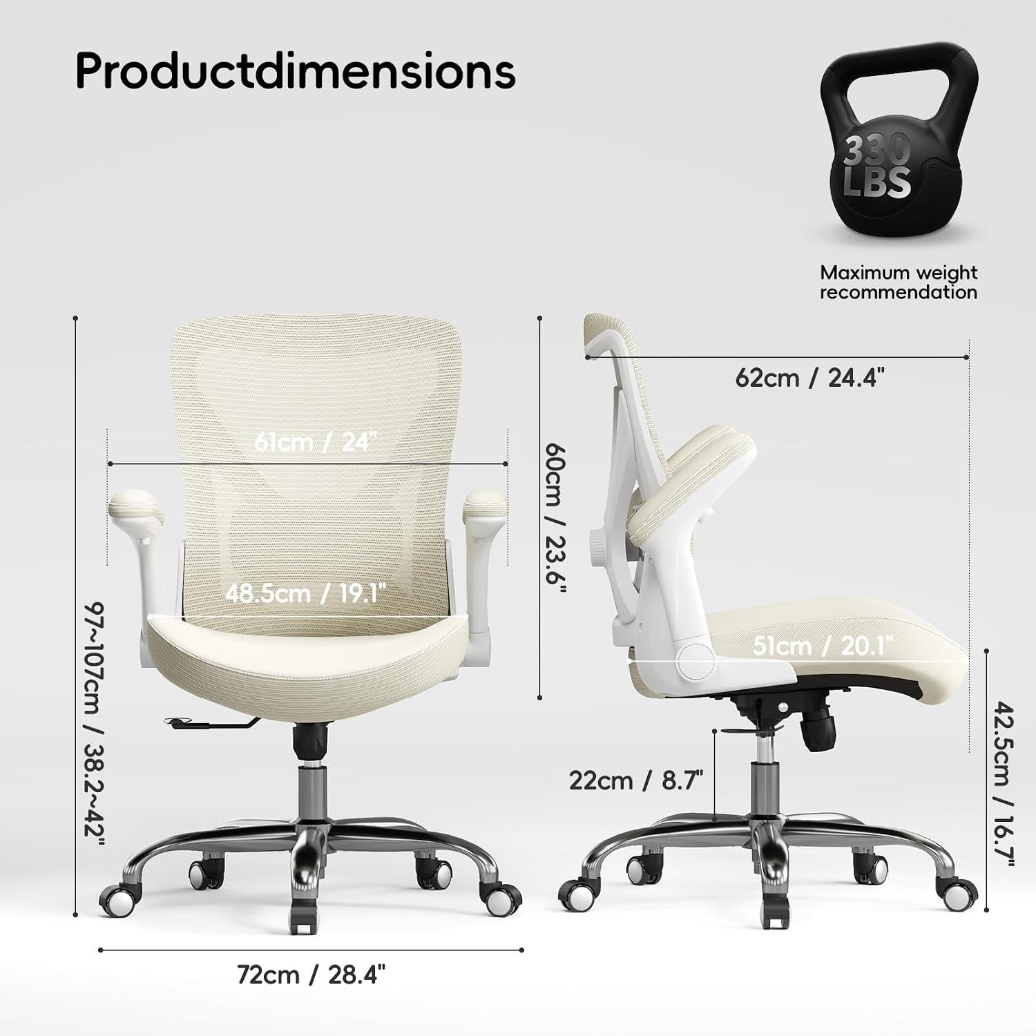 Ergalithic Office Home Ergonomic Desk Chair-Computer X-Shaped Chair Mesh PU Leather with Adjustable Lumbar Support-Executive Chair High Back Flip-Up Arms for Long Hours (Beige-No Headrest)
