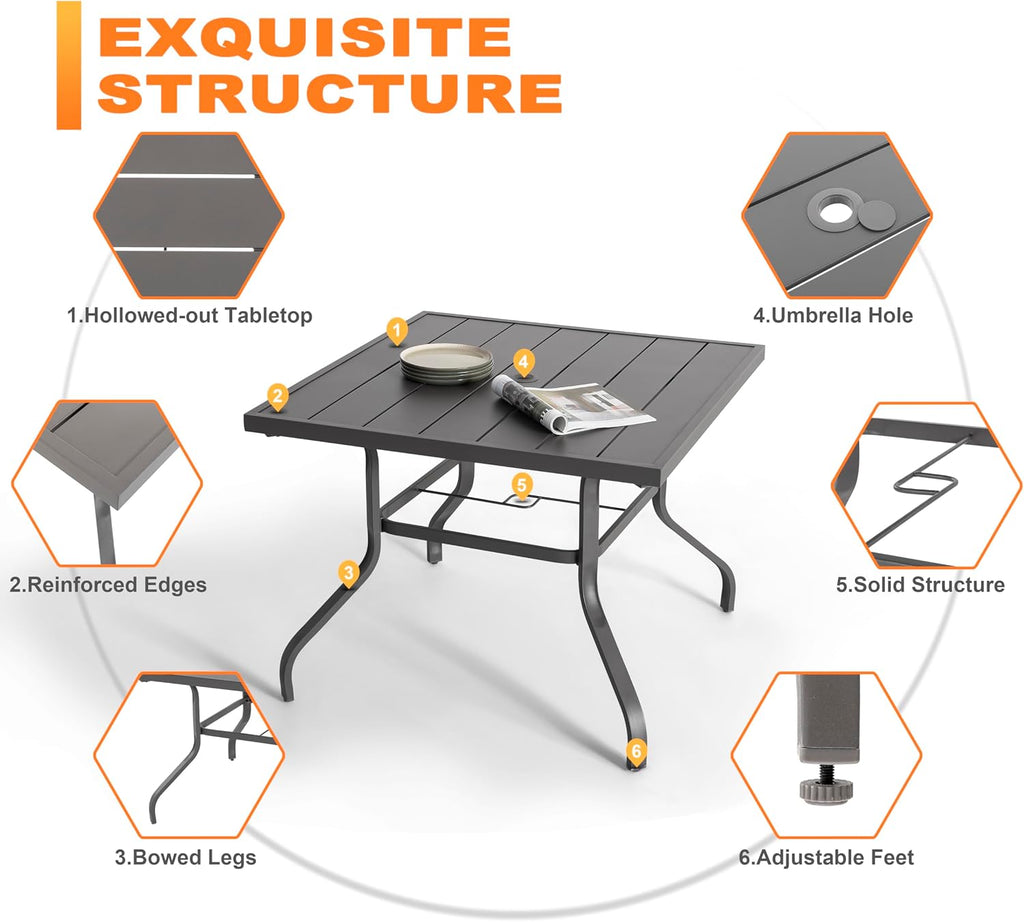 NUU GARDEN Outdoor Patio Dining Set 5 Piece Furniture Set Including Square Outdoor Dining Table with 1.57' Umbrella Hole and 4 Gray Textilene Chairs for Garden, Patio and Poolside Backyards