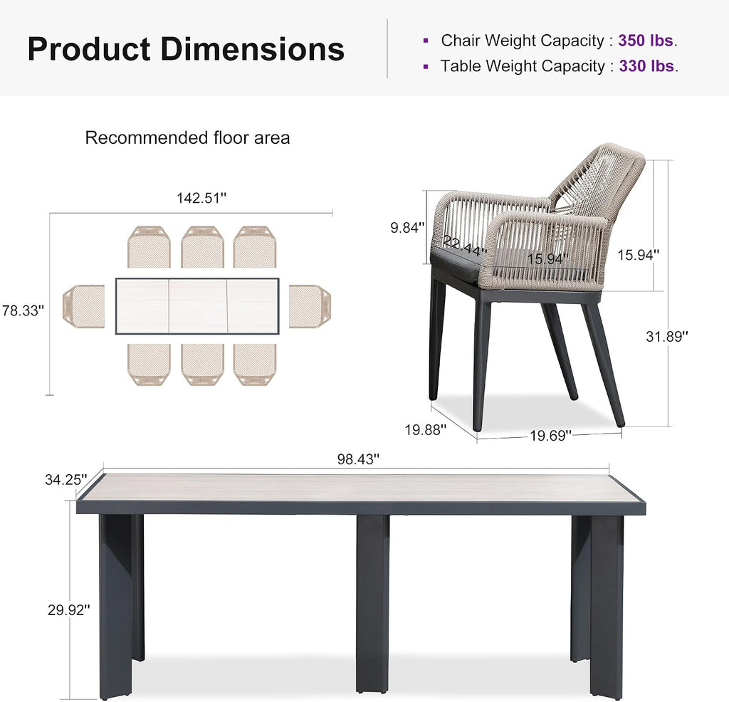 PURPLE LEAF 9 Pieces Patio Dining Set Aluminum Modern Rectangular Table and Rattan Arm Chairs with Cushions for Kitchen Porch Garden Outdoor Furniture Sets, Beige and Dark Grey