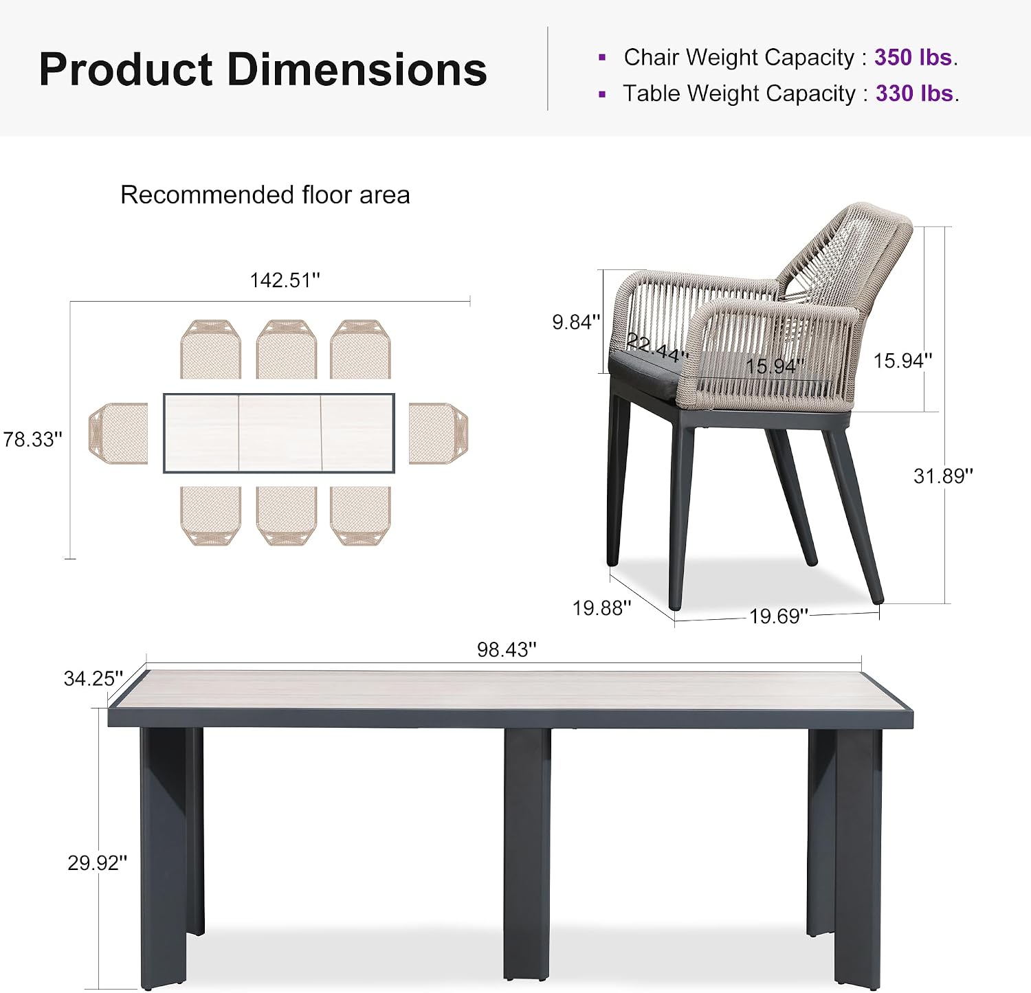PURPLE LEAF 9 Pieces Patio Dining Set Aluminum Modern Rectangular Table and Rattan Arm Chairs with Cushions for Kitchen Porch Garden Outdoor Furniture Sets, Beige and Dark Grey