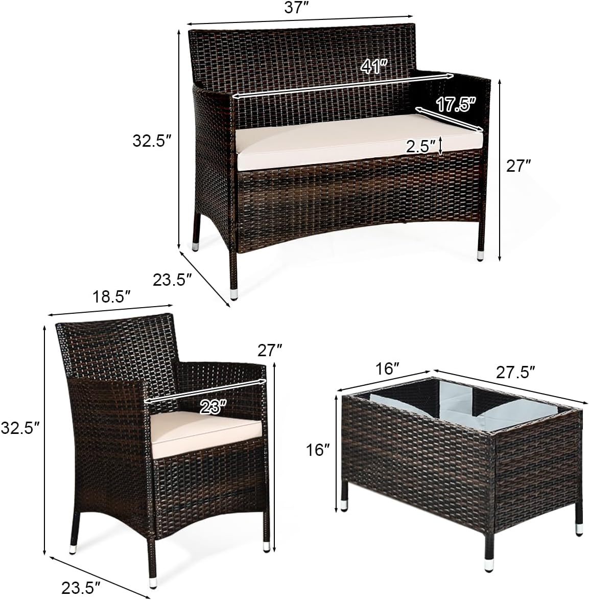 COSTWAY 4PCS Rattan Patio Furniture Set, Outdoor Wicker Rattan Chairs with Coffee Table, Rattan Cushioned Conversation Set for Backyard Balcony Porch Poolside, Brown
