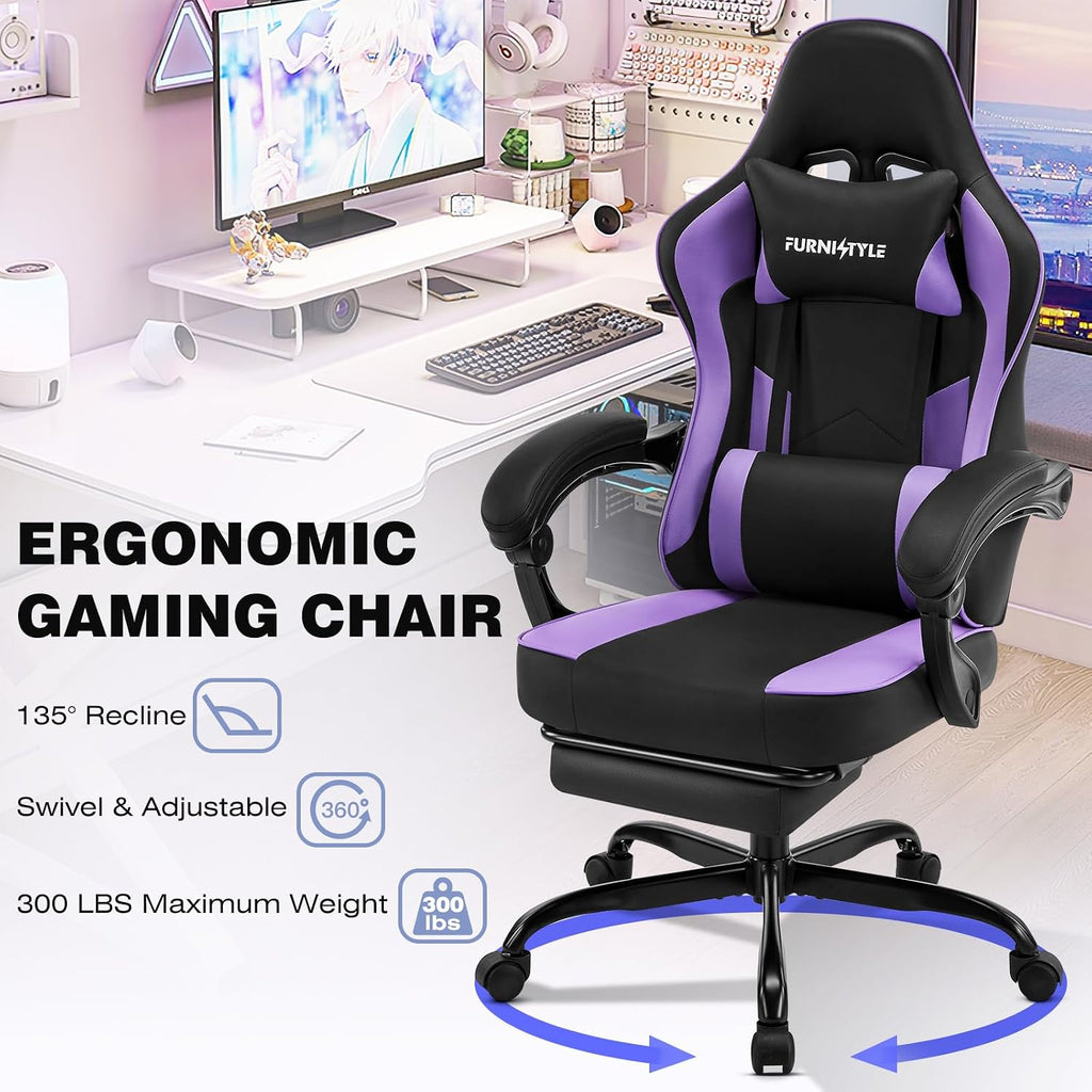 Gaming Chair, Purple Gaming Chairs for Adults Teens, High-Back Ergonomic Computer Chair with Extended Footrest, Removable Headrest & Lumbar Support, Wide PU Leather Reclining Desk Chair