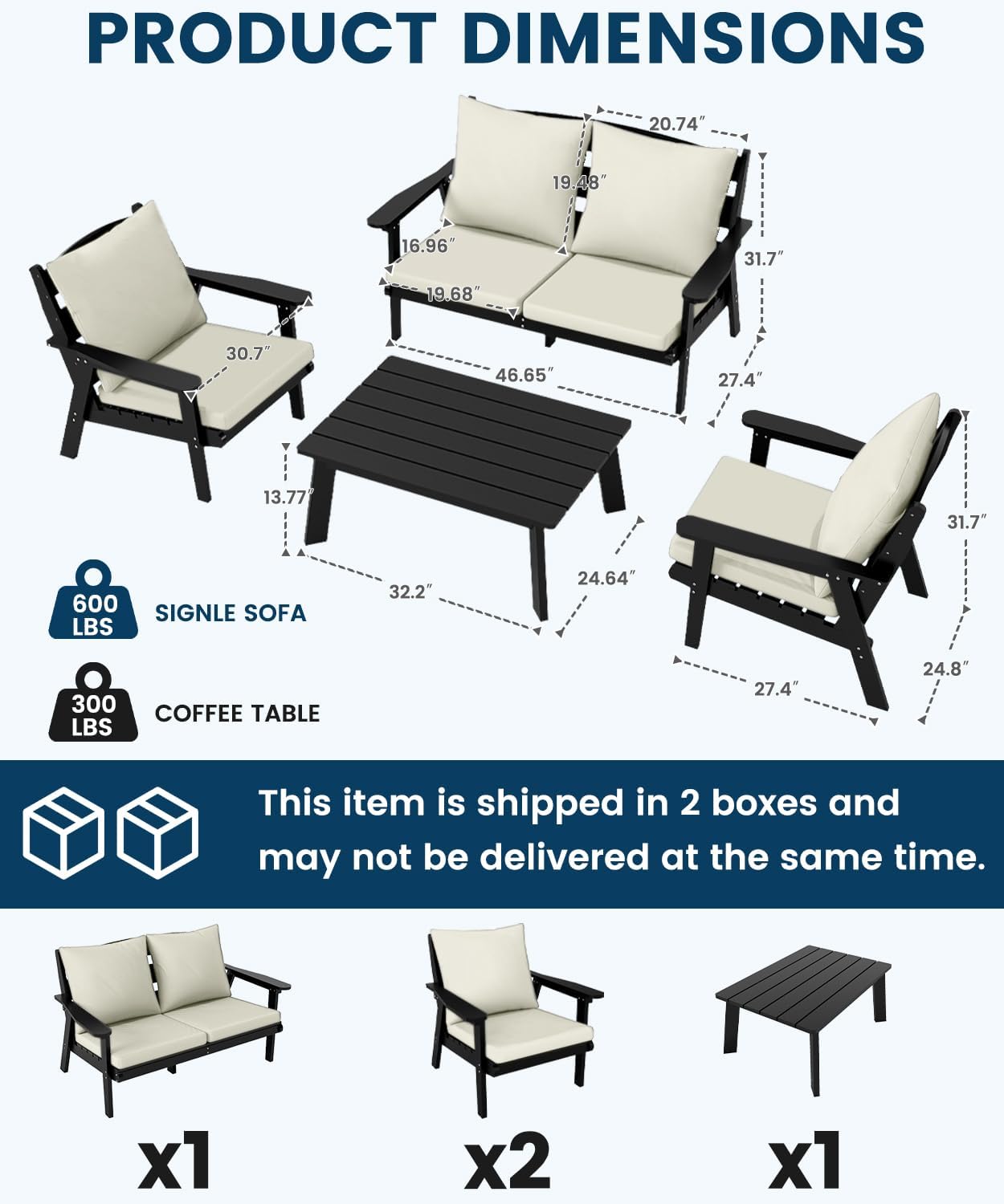 FOOWIN 4-Piece Patio Furniture Set, HDPE All-Weather Outdoor Conversation Set with Thick Cushions, Sectional Patio Sofa Furniture for Deck, Porch, Lawn, Garden, Black Frame & White Cushion