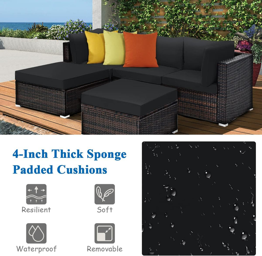 COSTWAY 5-Piece Outdoor Patio Furniture Set, Side Table, Ottoman and Lounge Sofa with Cushions, PE Rattan Conversation Set for Garden, Deck, Backyard (Black)