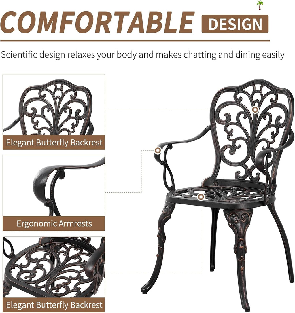 3 Piece Cast Aluminum Bistro Set, Bronze Bistro Table and Chairs Set of 2, 3 Piece Patio Furniture Set with 1.97' Umbrella Hole for Backyard, Balcony, Deck