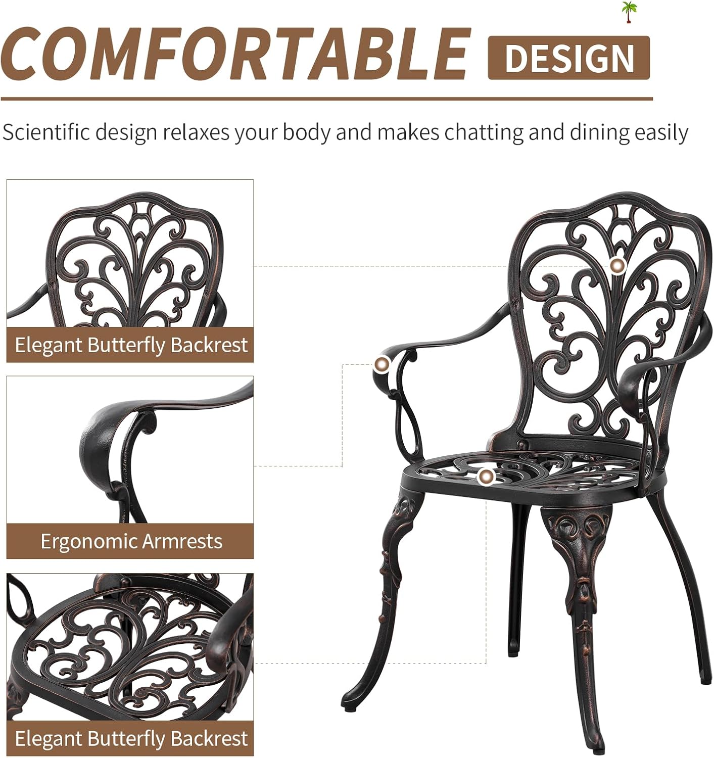3 Piece Cast Aluminum Bistro Set, Bronze Bistro Table and Chairs Set of 2, 3 Piece Patio Furniture Set with 1.97' Umbrella Hole for Backyard, Balcony, Deck