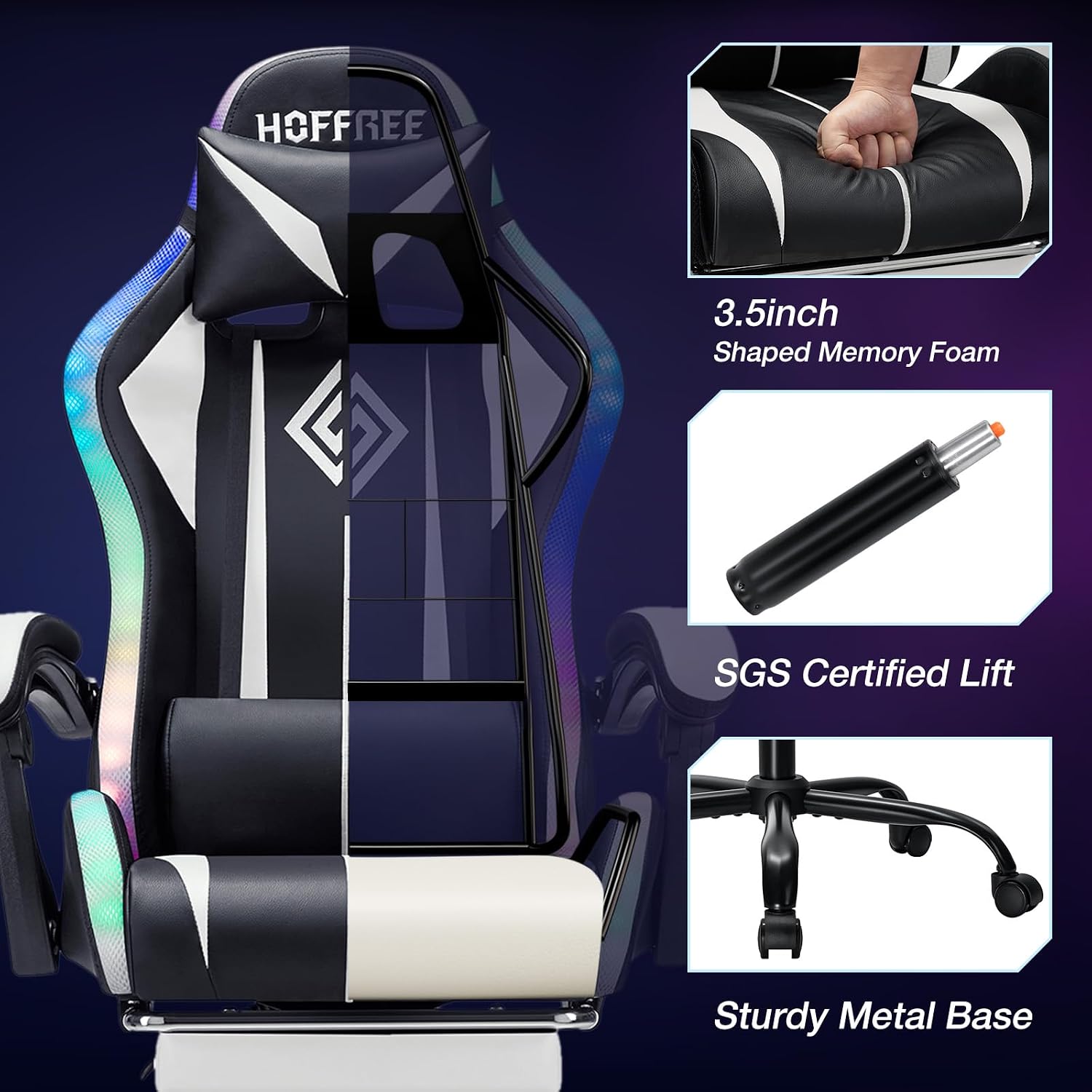 HOFFREE Gaming Chair Massage with LED RGB Lights and Footrest Ergonomic Computer Chair High Back Video Game Chair with Adjustable Lumbar Support Linkage Armrest White and Black