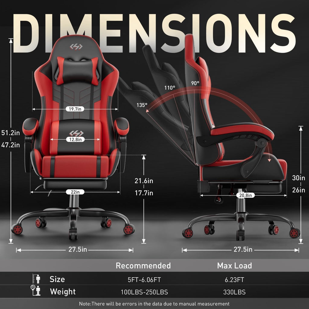 HLDIRECT Gaming Chair, Ergonomic Video Game Seat with 360° Swivel & Lumbar Massage for Adults Home/Office Use, Computer Chair PU Leather Cushion (Black & Red)