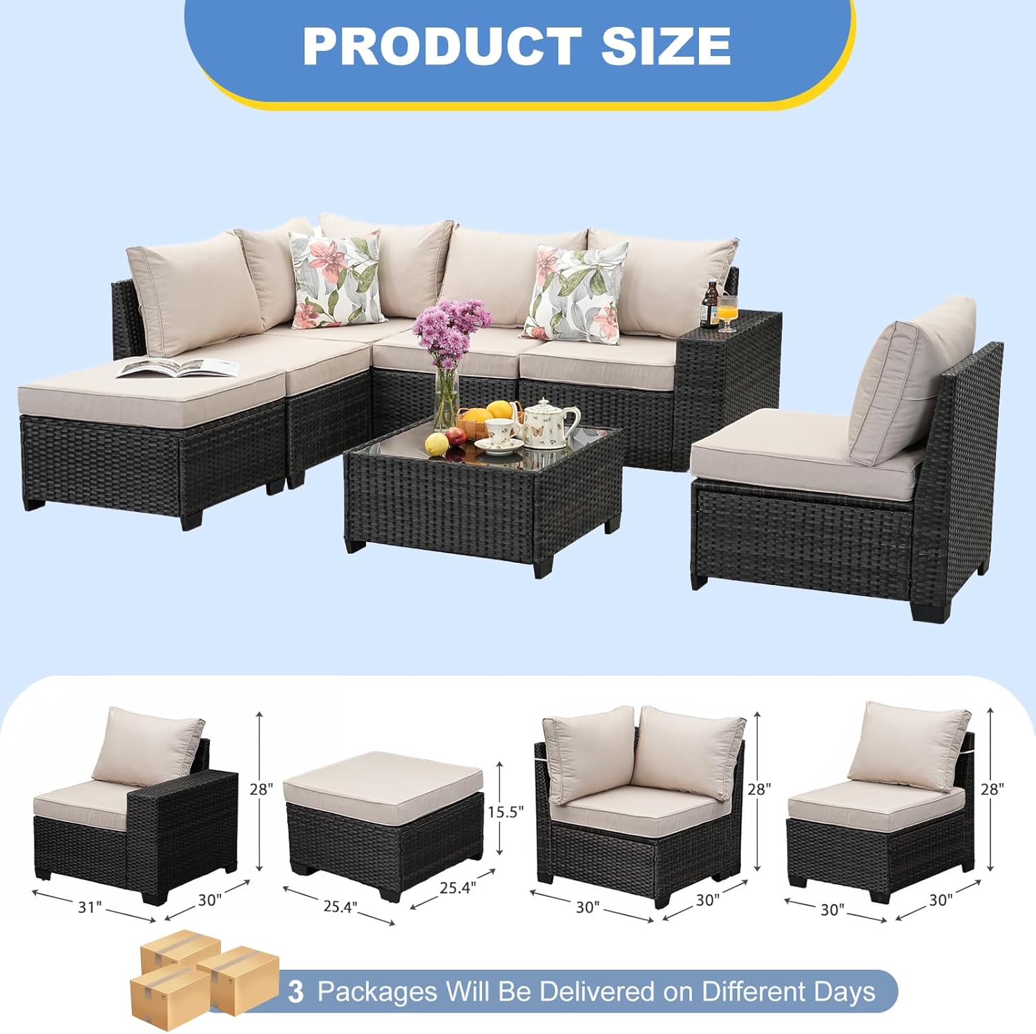 7 Pieces Outdoor Patio Furniture Set, Wicker Conversation Sets with Tea Table, Rattan Patio Sofa with Thick Cushions for Garden, Backyard Porch, Poolside,Beige