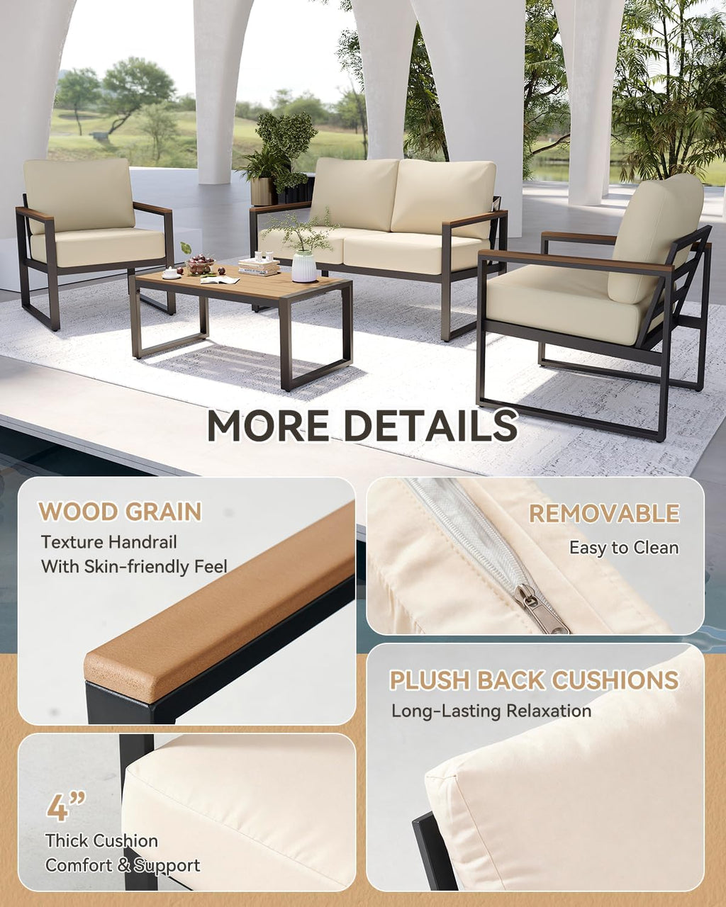 Aoxun Patio Furniture Set, 4 Piece Outdoor Patio Furniture with Thick Cushions, Modern Metal Outdoor Conversation Sets with Coffee Table for Porch, Balcony, Deck Beige