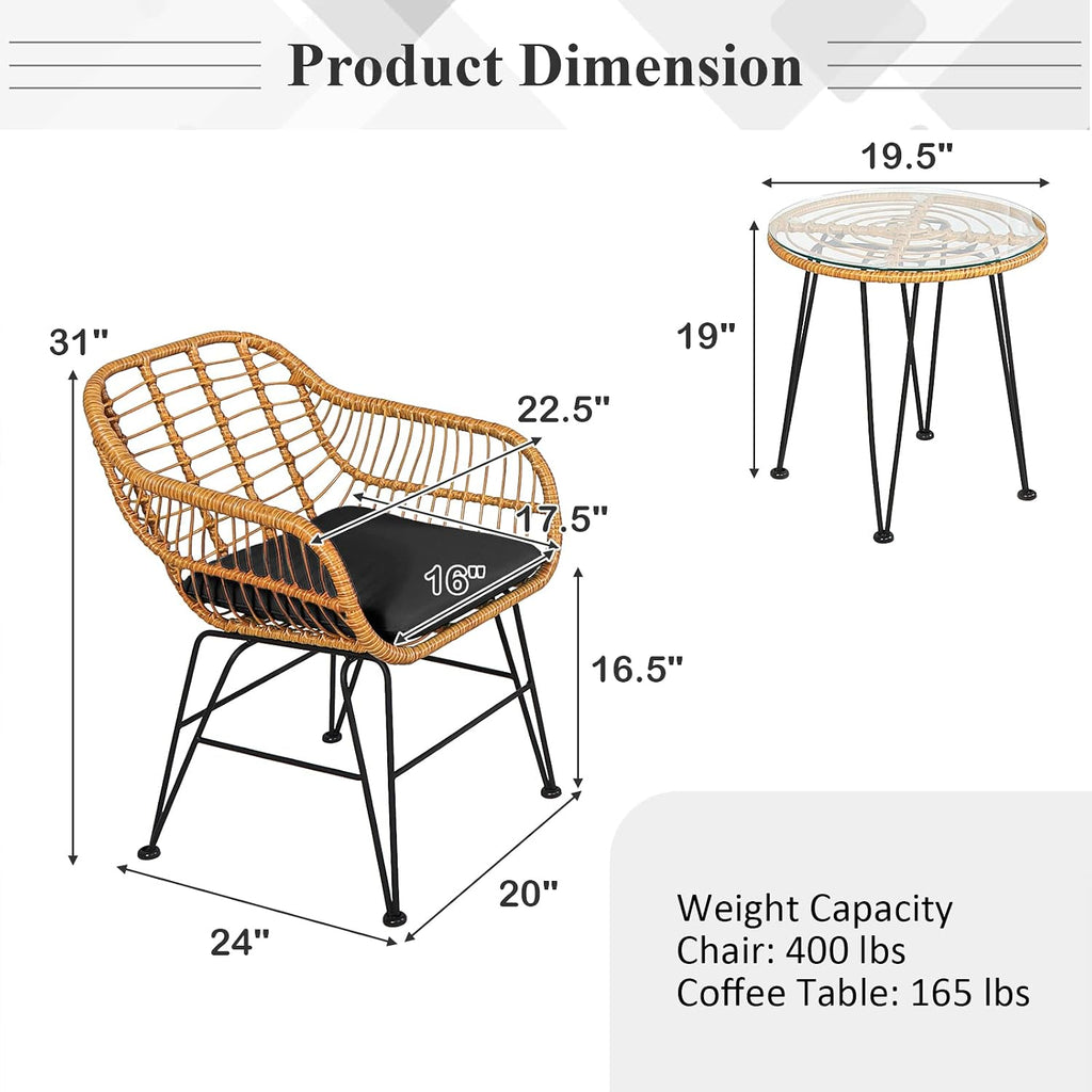 Tangkula 3 Pieces Patio Bistro Set, Rattan Conversation Set with 2 Cushioned Armchairs & Round Glass Coffee Table, Indoor Outdoor Wicker Furniture Set for Balcony, Backyard, Garden, Poolside