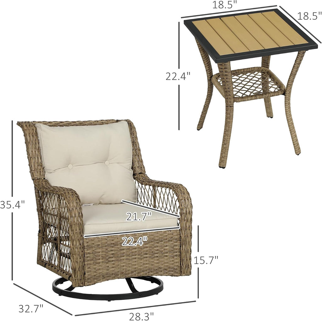 Outsunny PE Wicker Outdoor Bistro Set, Swivel Glider Patio Chairs and 2-Tier Storage Table with Slatted WPC Top, 3 Piece Patio Furniture Set with Cushions for Balcony, Porch, Backyard, Beige