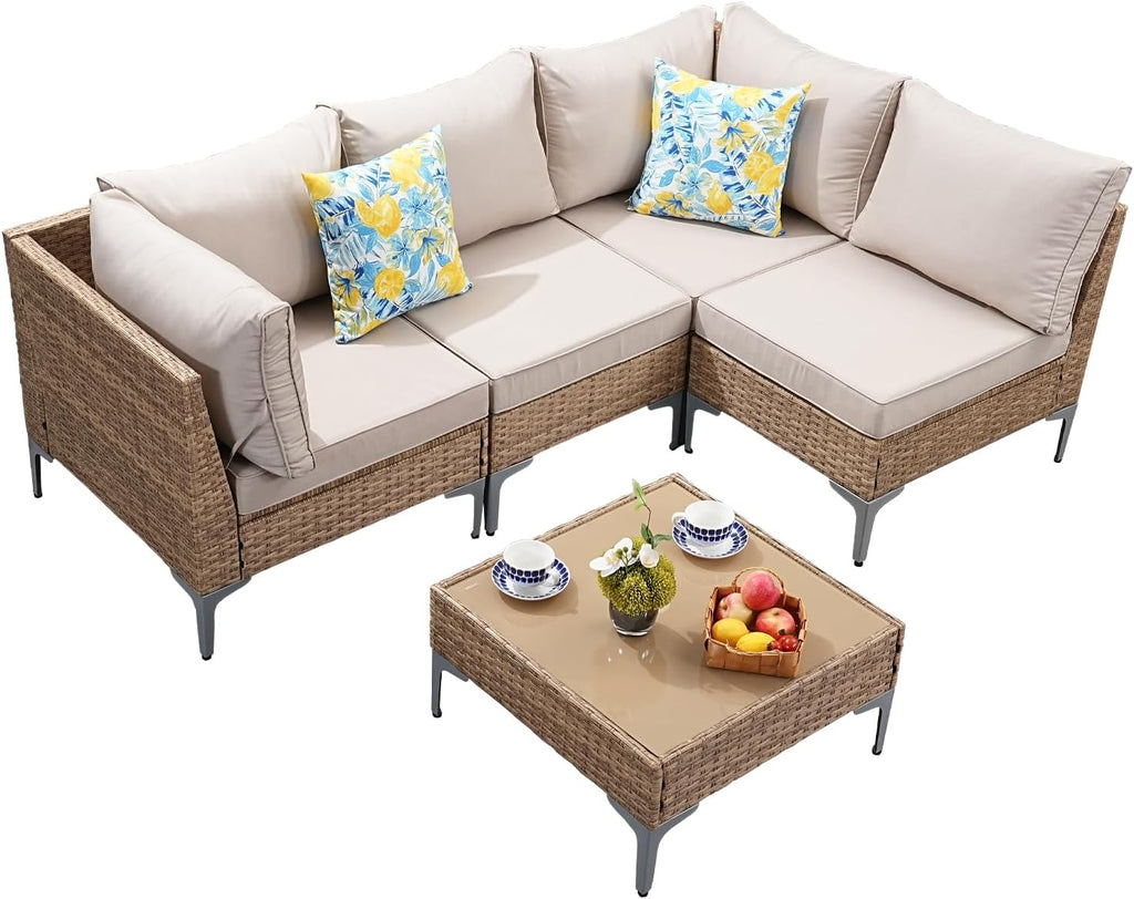 5-Piece Patio Furniture Set, Outdoor Wicker Sectional Sofa with Coffee Table, Anti-Slip & Thick All-Weather Cushions for Party, Garden, Backyard, Beige