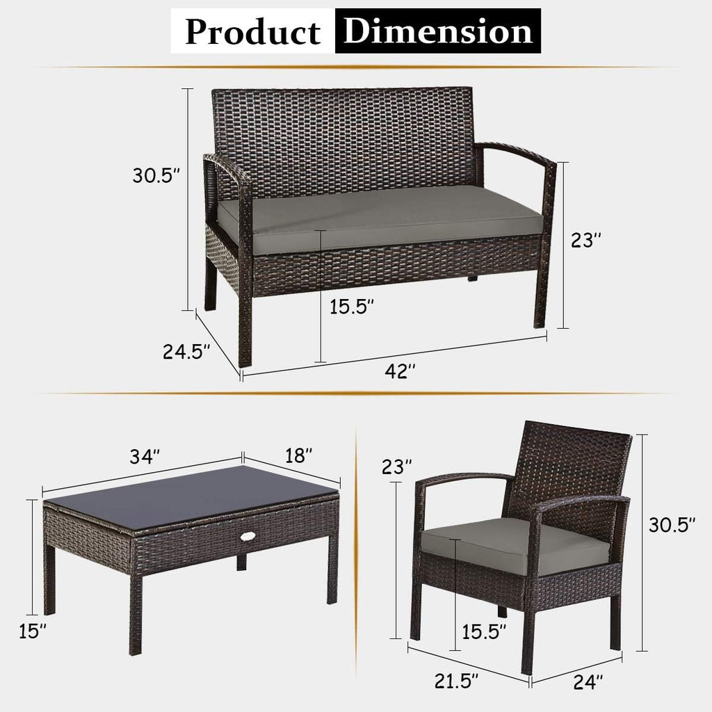 COSTWAY Outdoor Patio Furniture Set 4 Pieces, Wicker Conversation Set with Tempered Glass Topped Table, Seat Cushions, Rattan Chair Wicker Sofa for Backyard Balcony Porch Poolside
