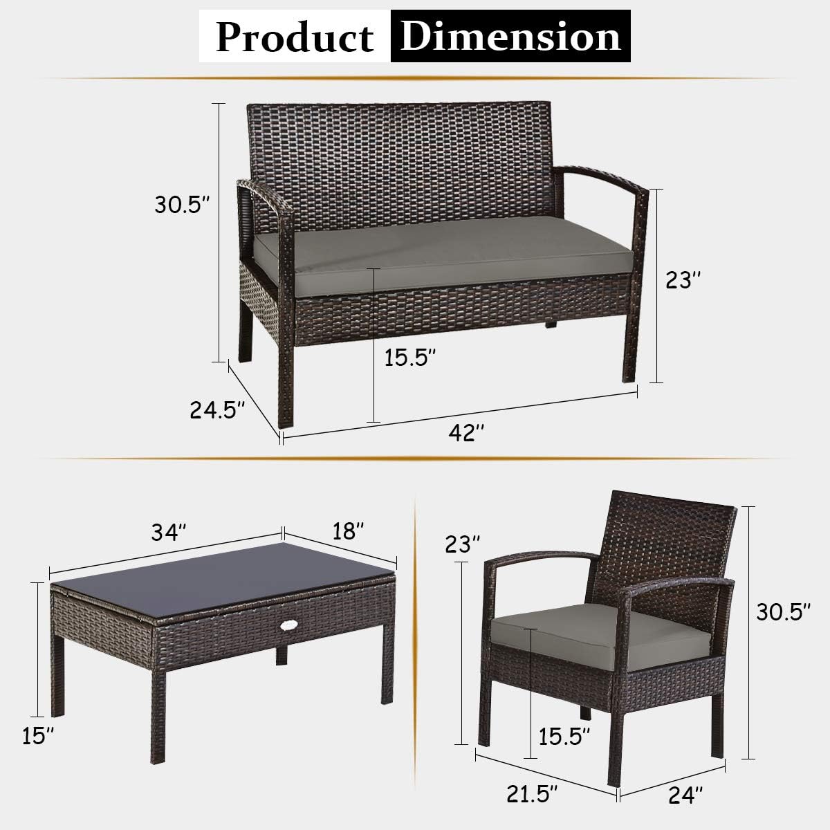 HAPPYGRILL 4-Piece Patio Furniture Set, Garden Pool Lawn Rattan Wicker Conversation Set, Loveseat Sofa Cushioned Seat & Glass Top Coffee Table