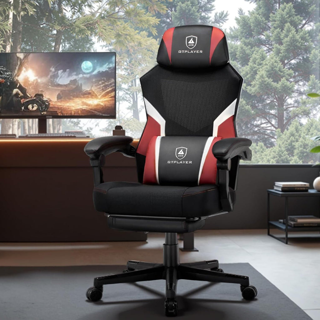 GTPLAYER Gaming Chair, Mesh Office Chairs with Footrest for Adults, Big and Tall Gamer Ergonomic Computer Chair with Height Adjustable (Red)