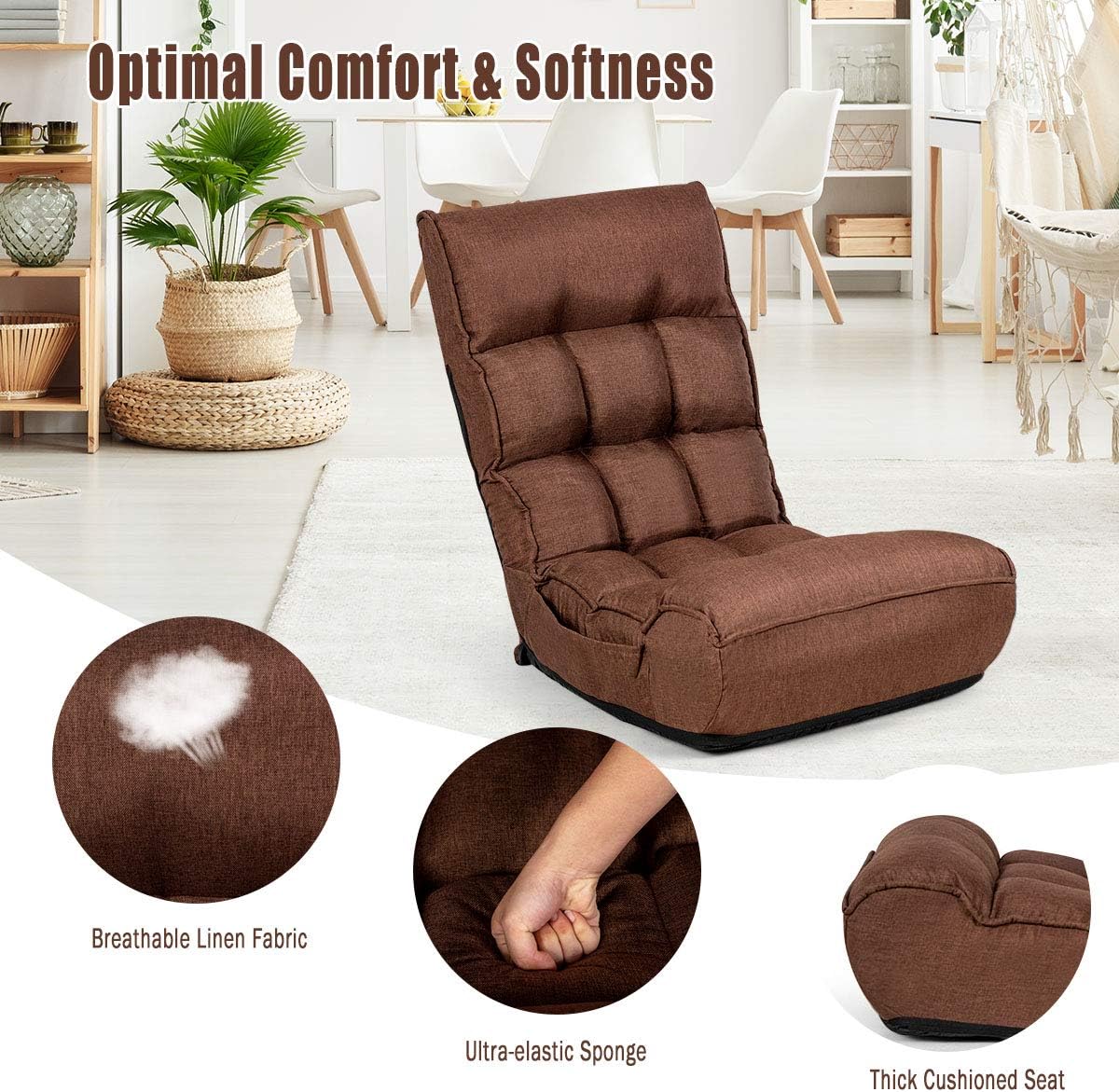 Giantex Floor Chairs for Adults with 4-Position Adjustable Back, 6-Position Adjustable Headrest, Side Pocket, No Assembly Required, Banana Chairs, Folding Gaming Chair Floor, Brown
