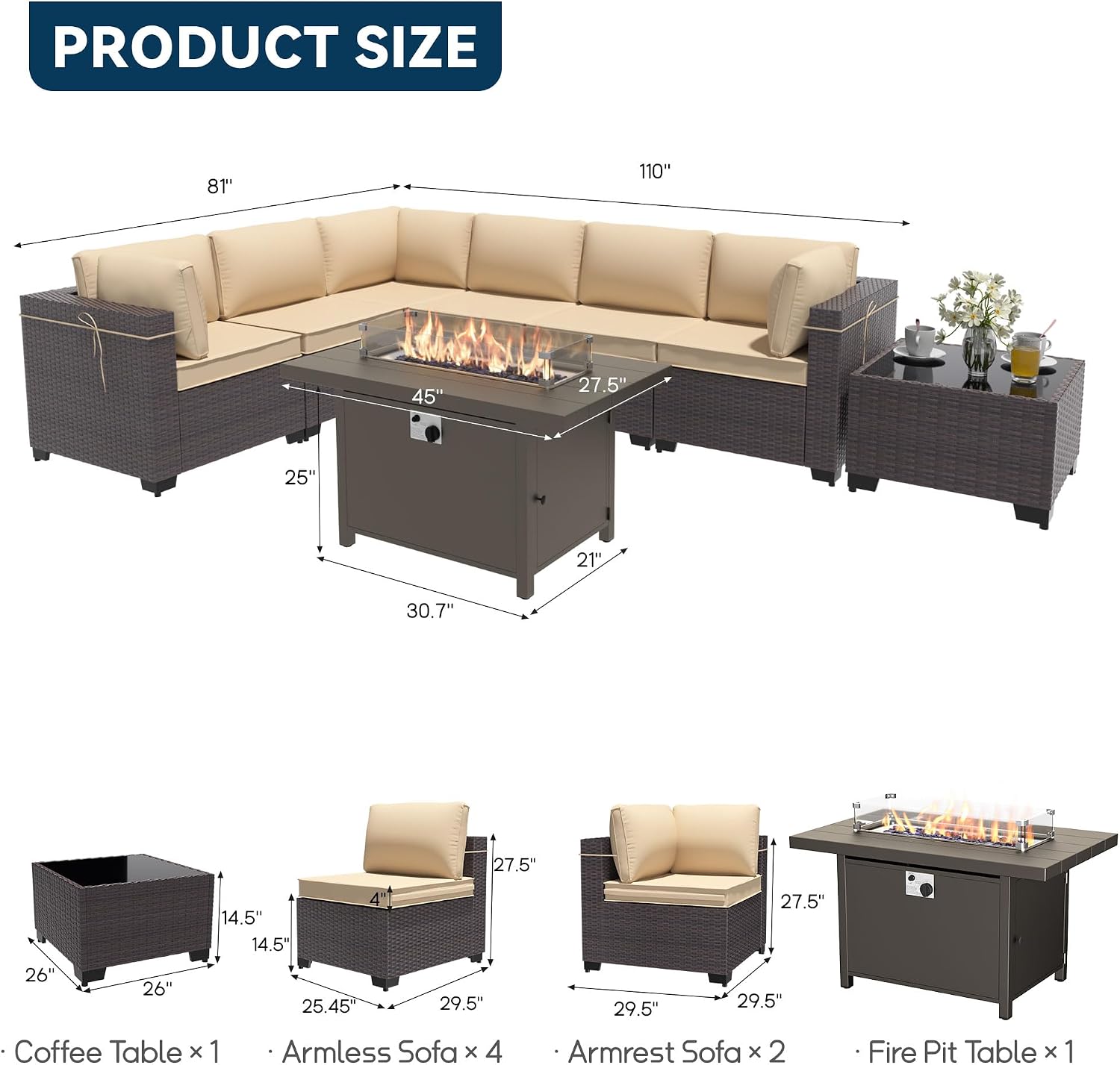 Patio Furniture Set with Aluminum Fire Pit Table 8 Pieces Outdoor Sectional Sofa Set,PE Rattan Wicker Patio Conversation Set w/43in 55000 BTU Propane Fire Pit Table,Sand