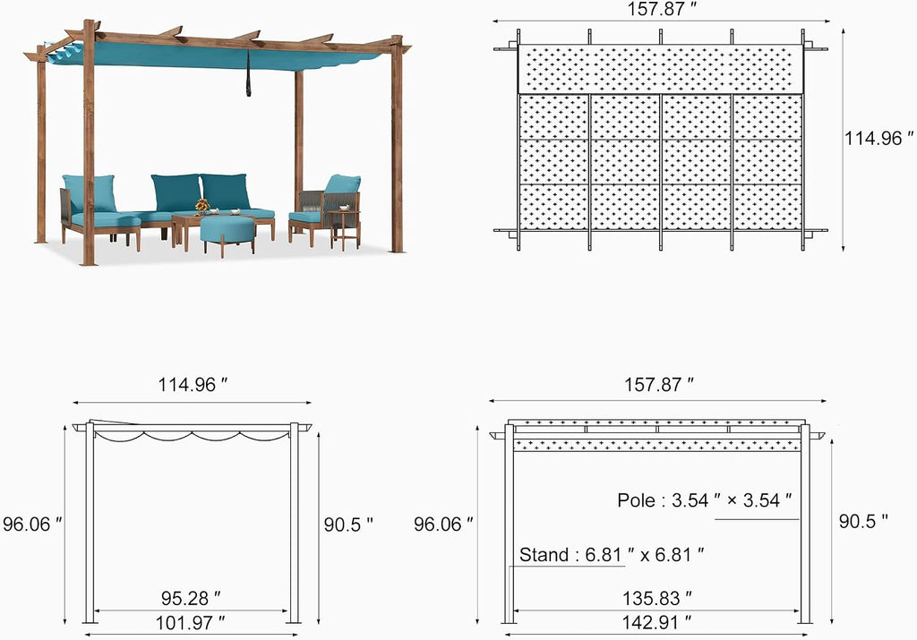 PURPLE LEAF 10' x 13' Outdoor Retractable Pergola with Sun Shade Canopy PatioShelter for Garden Pavilion Natural Wood Grain Frame Modern Yard Grill Pergola with 24 LED Lights Turquoise Blue