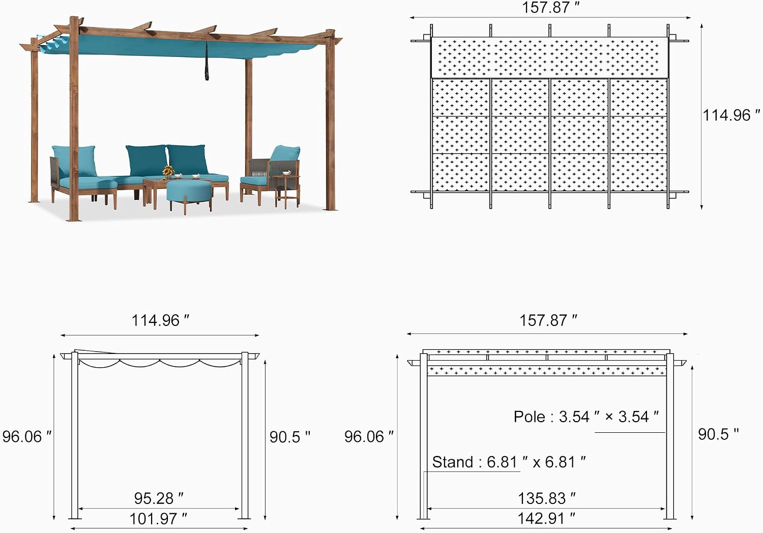 PURPLE LEAF 10' x 13' Outdoor Retractable Pergola with Sun Shade Canopy PatioShelter for Garden Pavilion Natural Wood Grain Frame Modern Yard Grill Pergola with 24 LED Lights Turquoise Blue