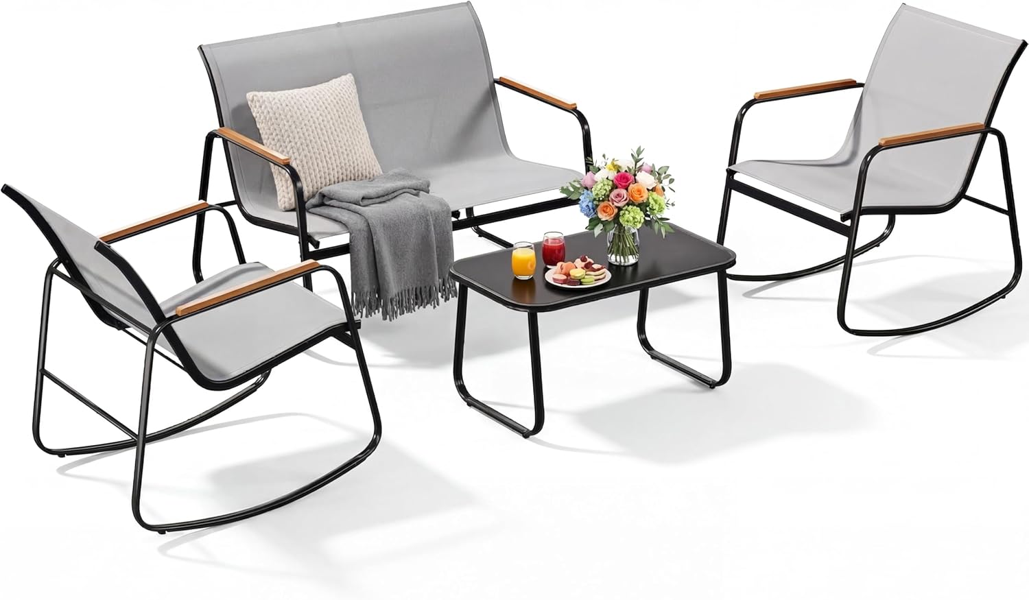YITAHOME 4 Pieces Patio Furniture Set, Outdoor Textilene Conversation Sets Rocking Bistro Chairs, Loveseat and Glass Table for Living Room Lawn Garden Balcony Poolside Backyard (Grey)