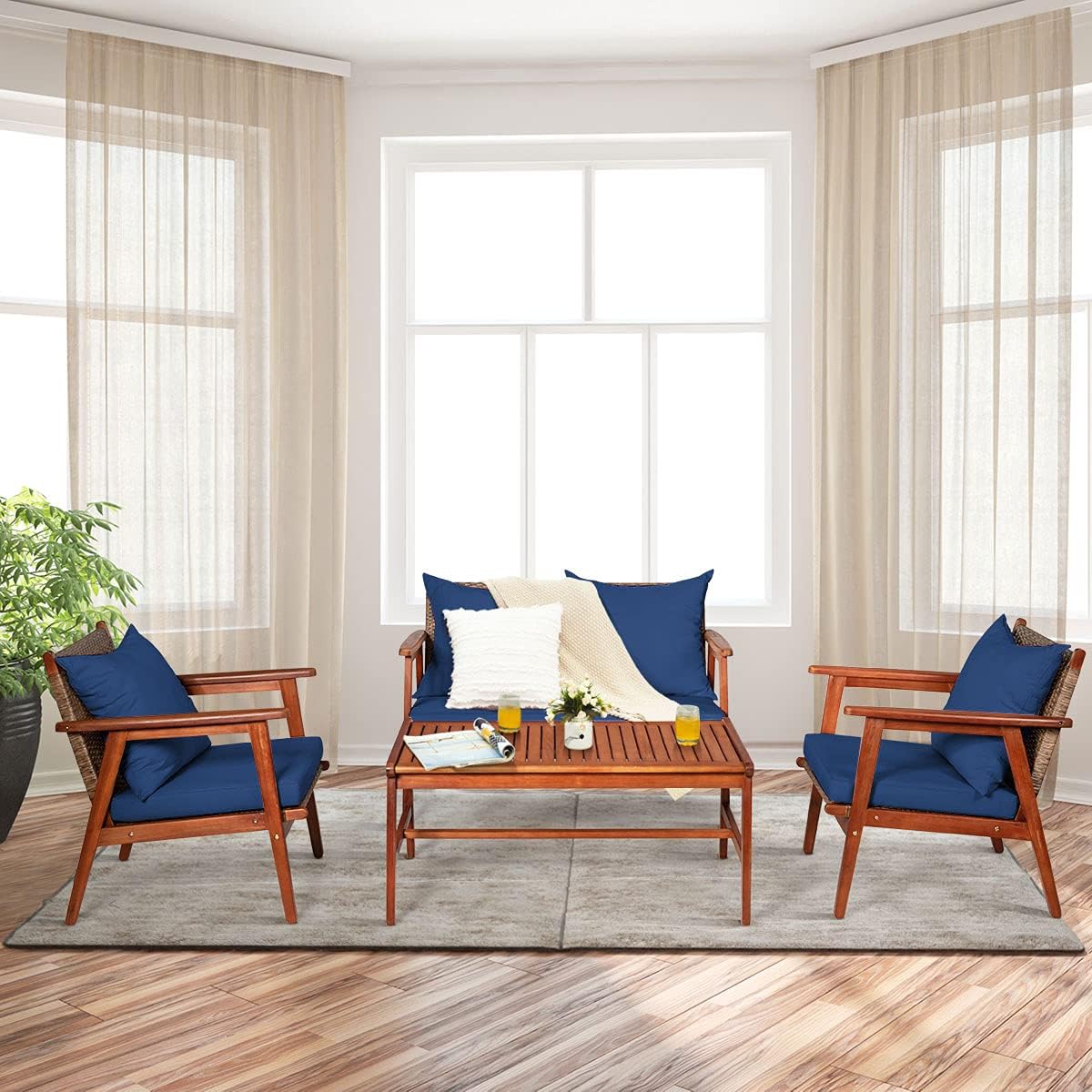 Tangkula 4 PCS Patio Wood Sofa Set, Outdoor Acacia Wood Seating Chat Set with Cushions & Coffee Table, Sectional Conversation Sofa Set for Garden, Backyard, Poolside (1, Blue)