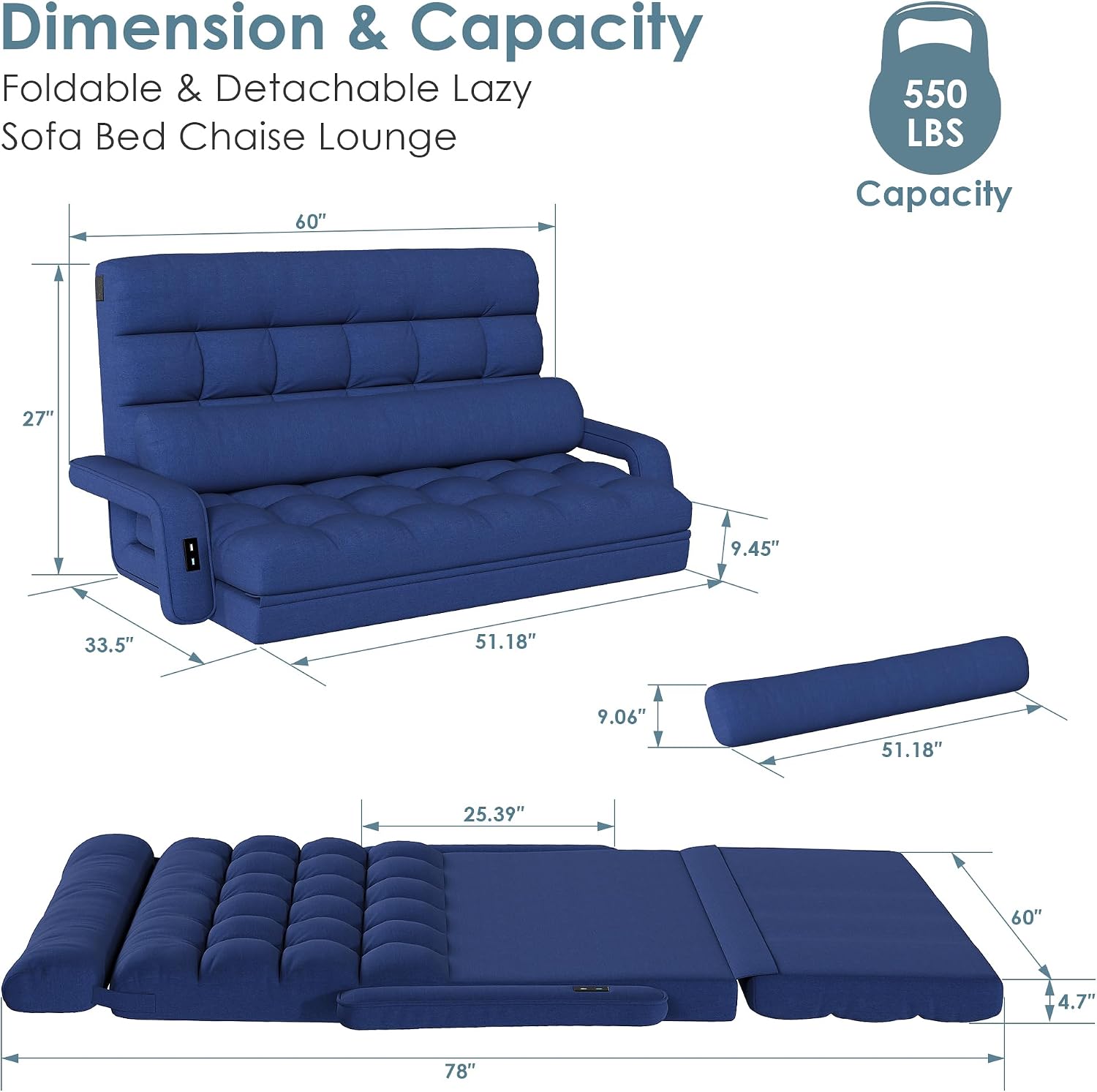 STHOUYN Comfy Bedroom Chair with 2 USB Charging Ports, 5-Position Floor Couch Gaming Chairs for Adults, Lounge Chair Indoor Folding Lazy Sofa Meditation Arm Dorm Chair Living Room (Navy Blue)