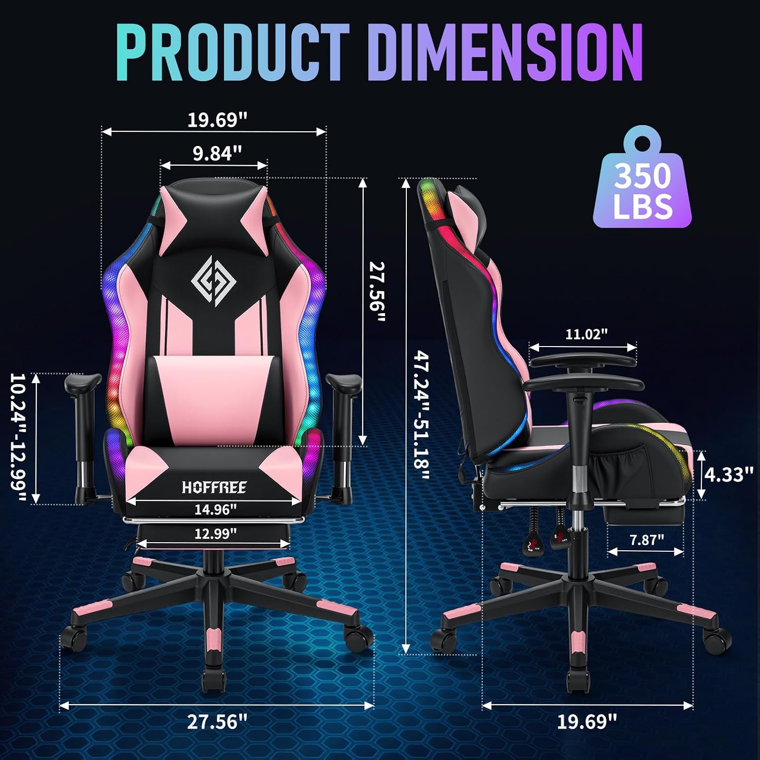 HOFFREE RGB LED Gaming Chair for Kids Reclining Gaming Chairs for Teens 8-15 Computer Chair with RGB Lights Kids PC Game Chair with Footrest and Lumbar Support Video Game Chairs Pink and Black