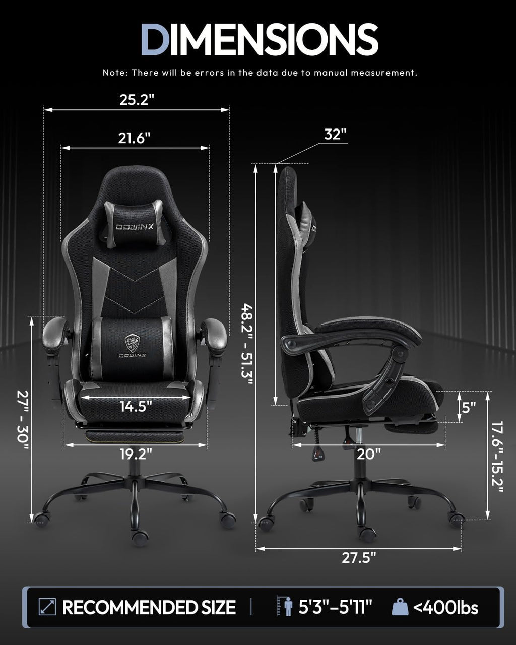 Gaming Chair with Footrest, Ergonomic 330lbs Leather Mesh Chair, Massage Lumbar Support, Adjustable Height & Headrest Pillow, Breathable Seat for Office, Home, Streaming, Long Gaming Sessions, Onyx