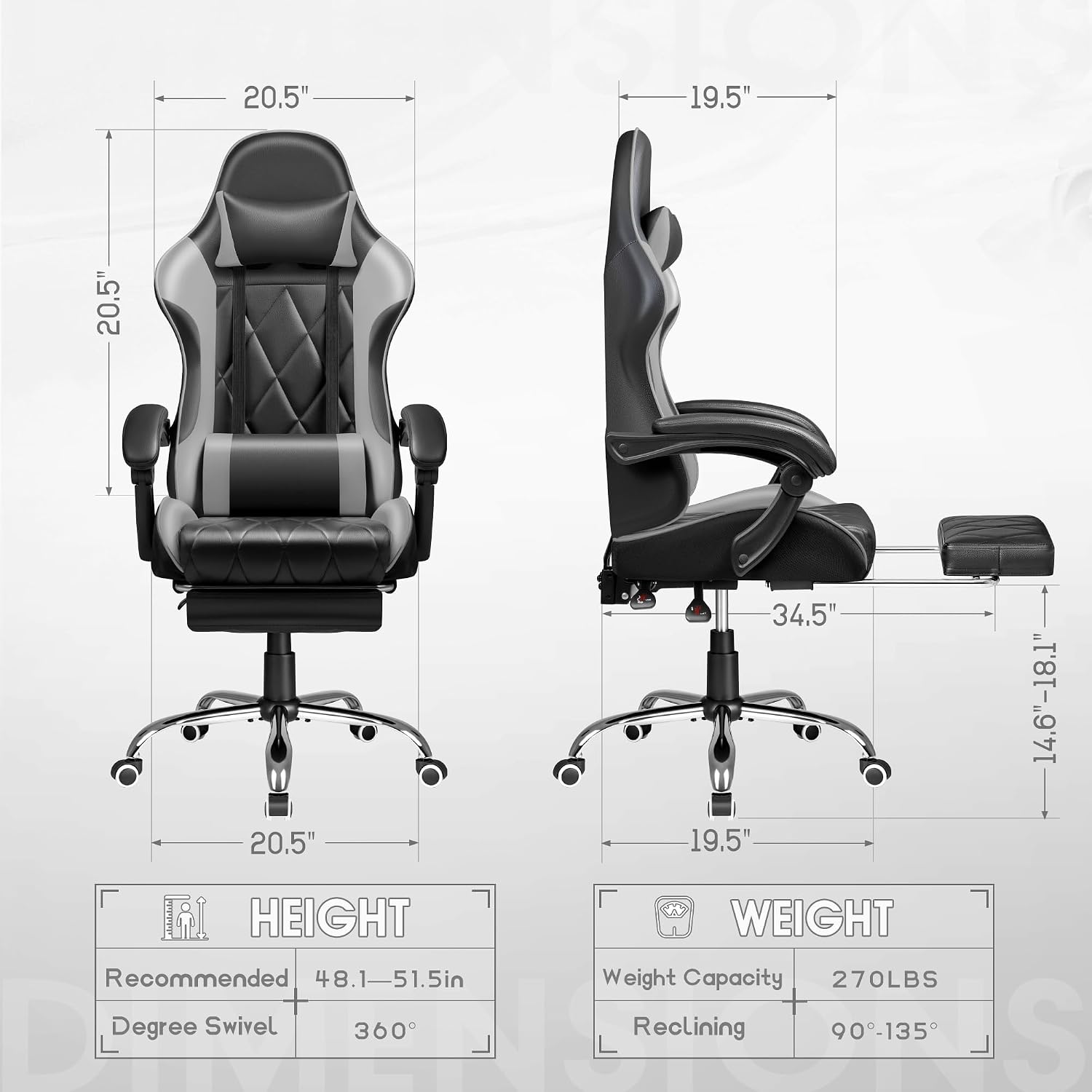 Shahoo Gaming Chair with Footrest and Massage Lumbar Support, Ergonomic Office Computer Seat Height Adjustable with Headrest, Grey