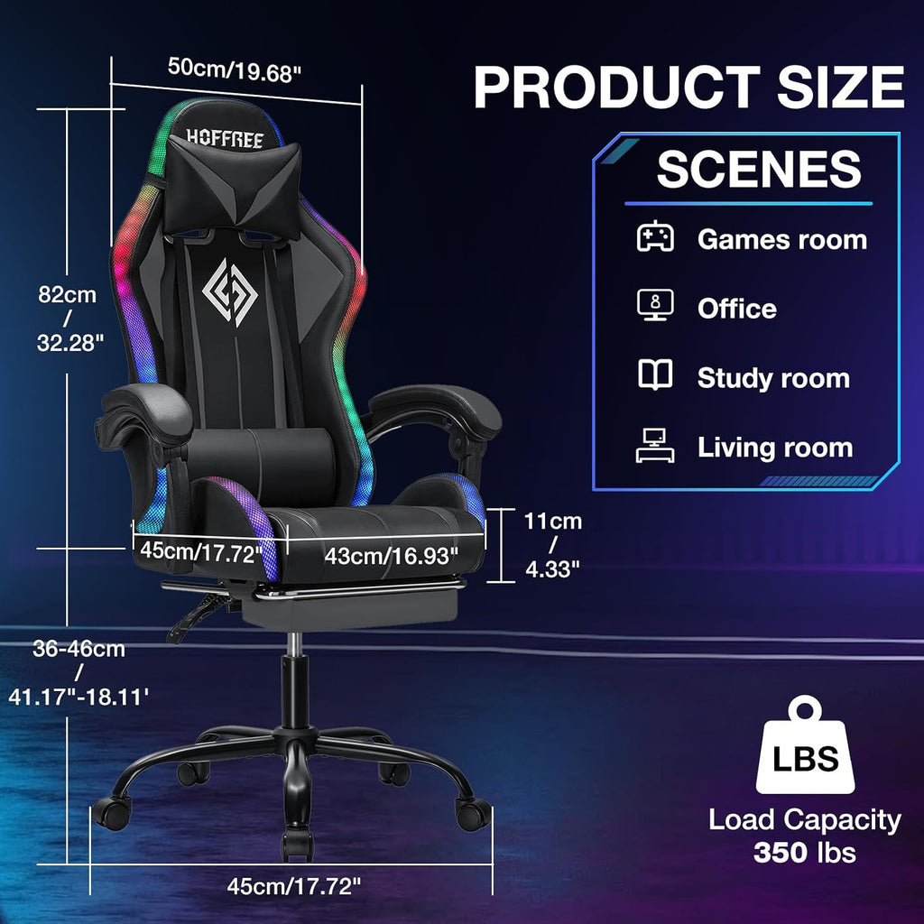 RGB Gaming Chair Massage with LED Lights and Ergonomic Computer Gaming Chair with Footrest High Back Video Game Chairs with Adjustable Lumbar Support Grey and Black