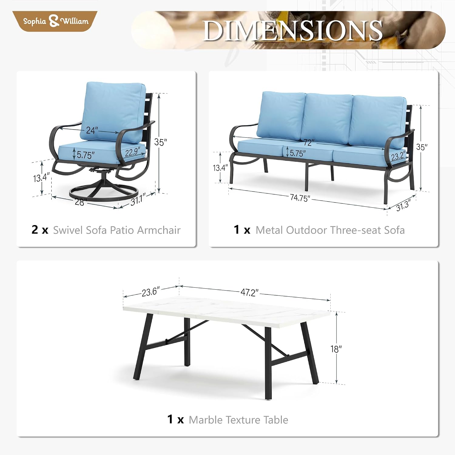 Sophia & William Patio Furniture Sets 5 Seats Outdoor Metal Conversation Sets 4 Pcs with 2 x Cushioned Swivel Sofa Chairs,1 x 3-Seat Sofa, 1x Marbling Metal Coffee Table Lawn Backyard Poolside Blue