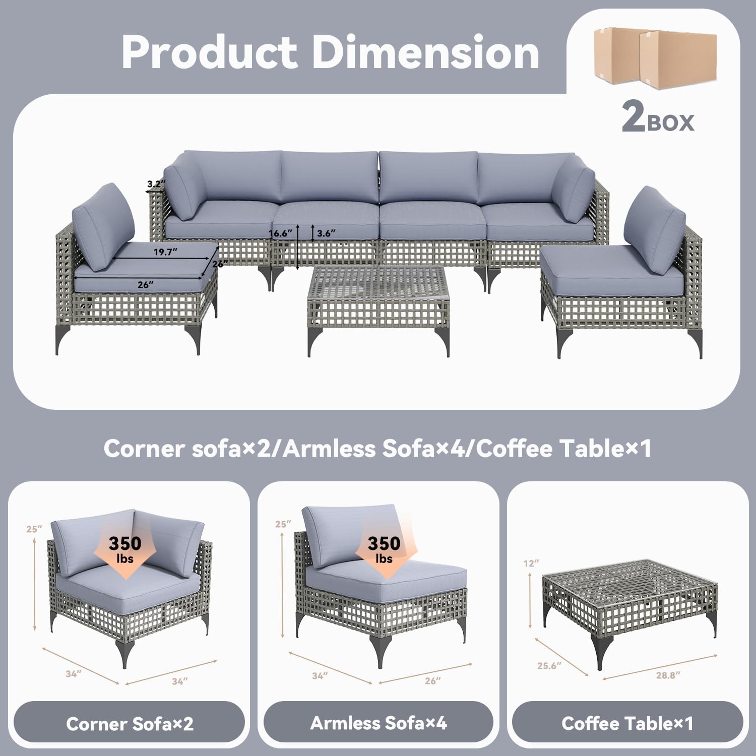 U-MAX 7-Piece Patio Furniture Set with Coffee Table, Boho Outdoor Furniture Set Sectional Sofa Wicker Conversation Set with Dark Brown Rattan & Dark Grey