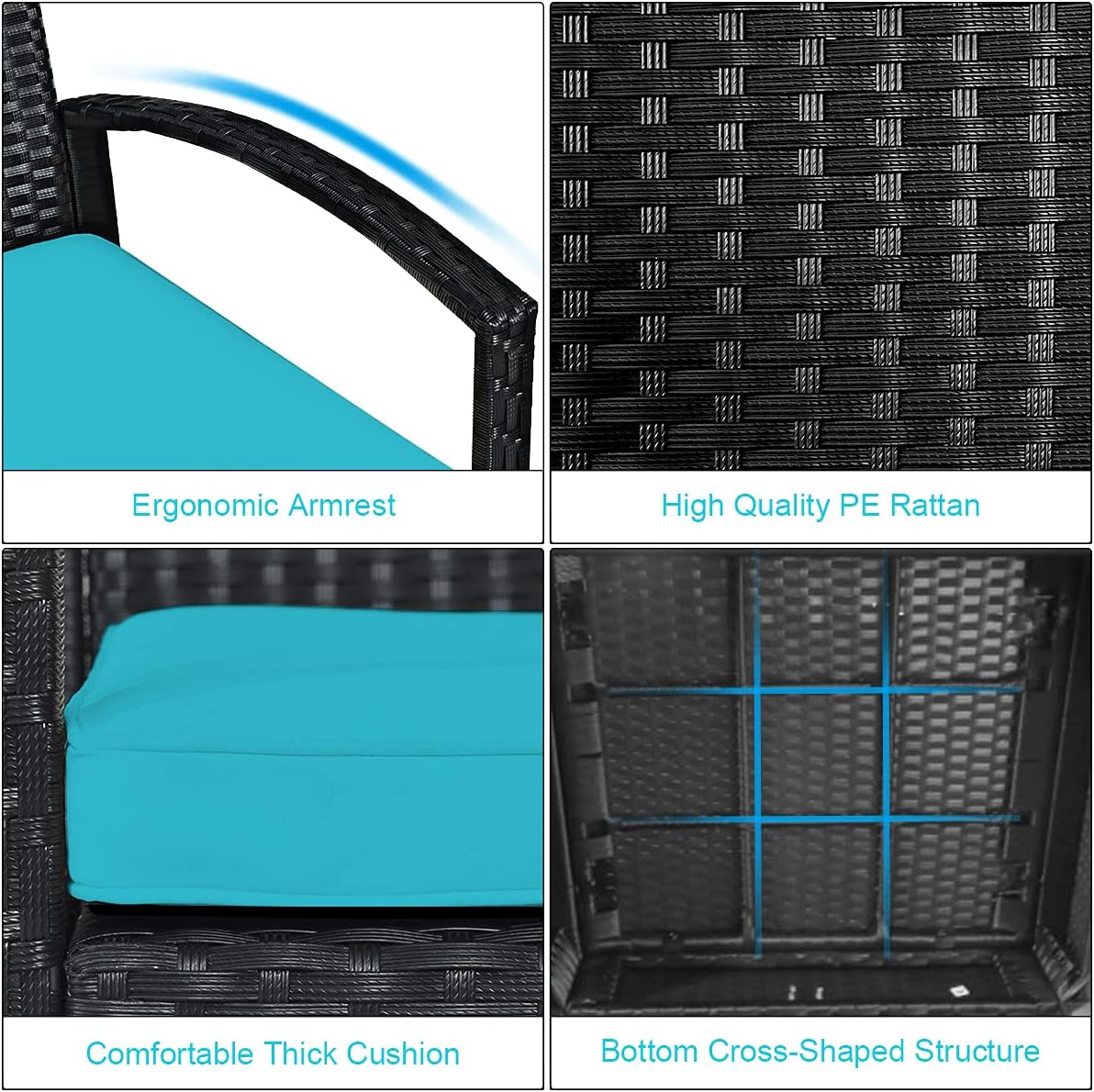 Tangkula 3 Piece Patio Conversation Set, Outdoor Rattan Sofa Set with Seat Cushions & Coffee Table, Patio Wicker Furniture Set for Garden Balcony Backyard Poolside (Turquoise)