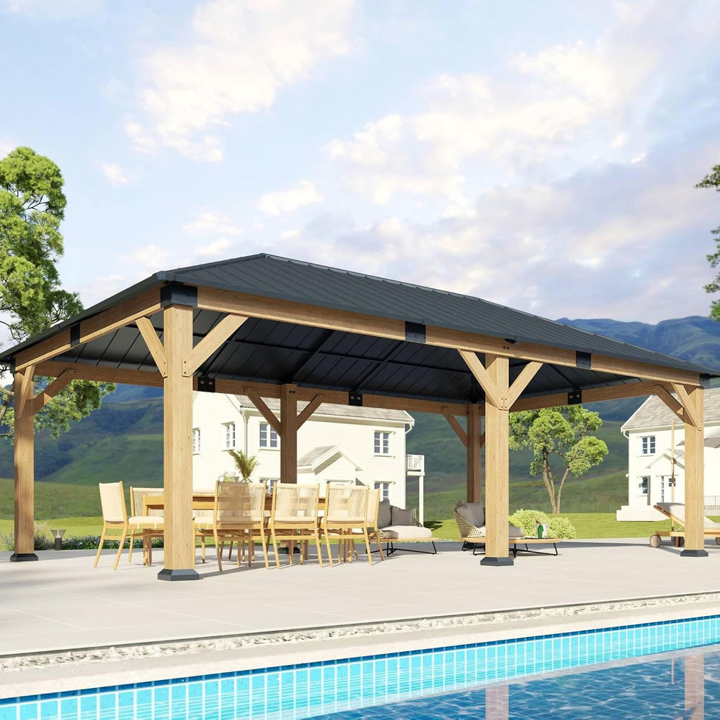 12x20 ft Cedar Wood Gazebo, Hardtop Gazebo with Galvanized Steel Double Roof, Heavy Duty Pavilion for Patio Lawn and Garden