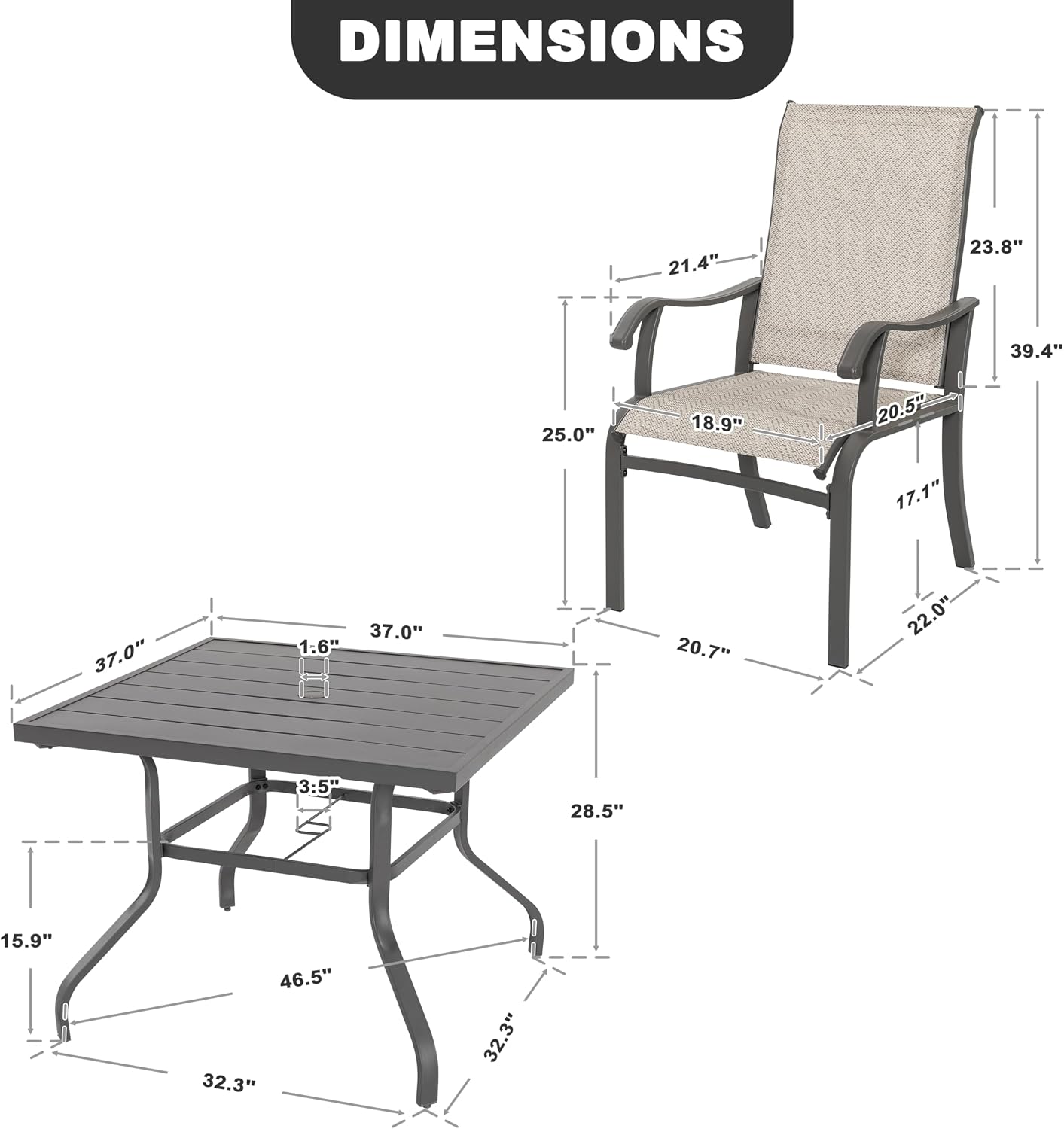 NUU GARDEN 5-Piece Outdoor Dining Set, 4 Textilene Patio Dining Chairs and 37'' Square Slatted Table with Umbrella Hole, Weather-Resistant Patio Furniture for Garden, Patio, Backyard, Beige