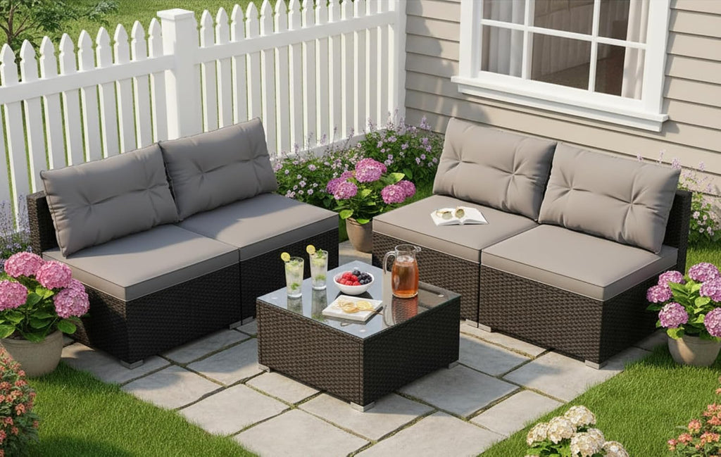 Tangkula 5 Piece Rattan Sofa Set, Outdoor Wicker Furniture Set w/Seat & Back Cushions, Square Coffee Table, Patio Sectional Sofa Set for Backyard, Poolside, Garden (Grey)