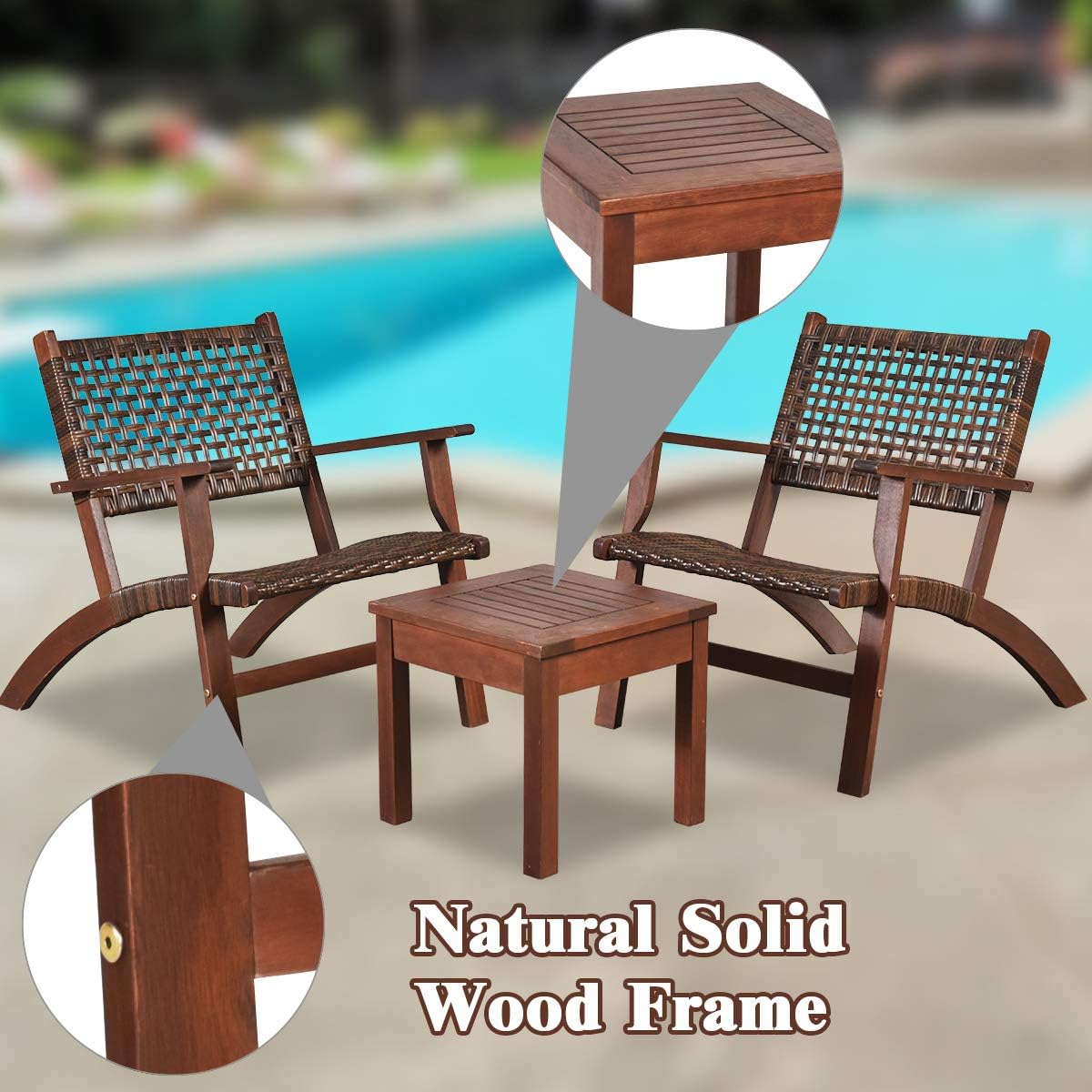 Tangkula 3 Pieces Patio Conversation Set, Solid Eucalyptus Wood Frame Outdoor Wicker Furniture Set Bistro Set with Coffee Table, Rattan Furniture Set for Backyard Porch Garden Poolside Balcony (Brown)